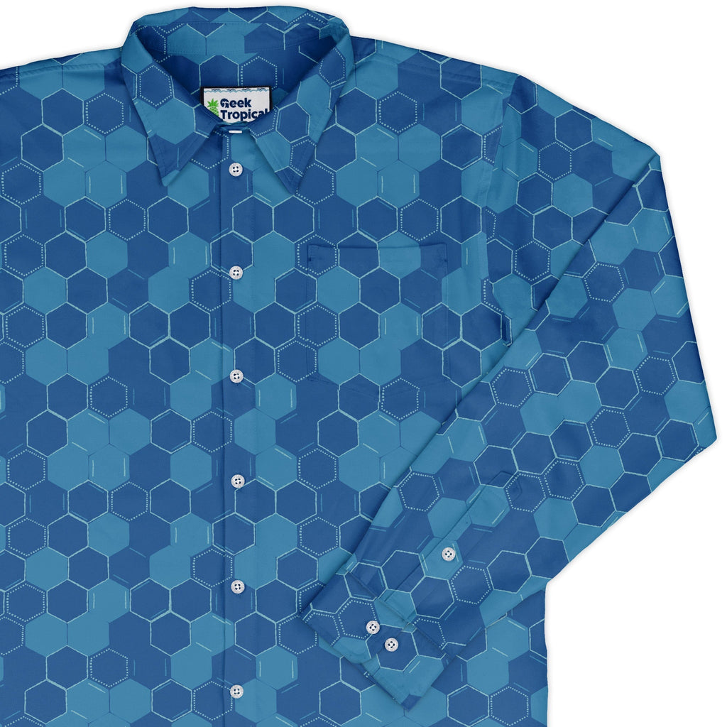 Chemistry Set Hexagon Long Sleeve Button Up Shirt Geek Nerd adult sizing Design by Zirkus Design FLOW DESC WRITING