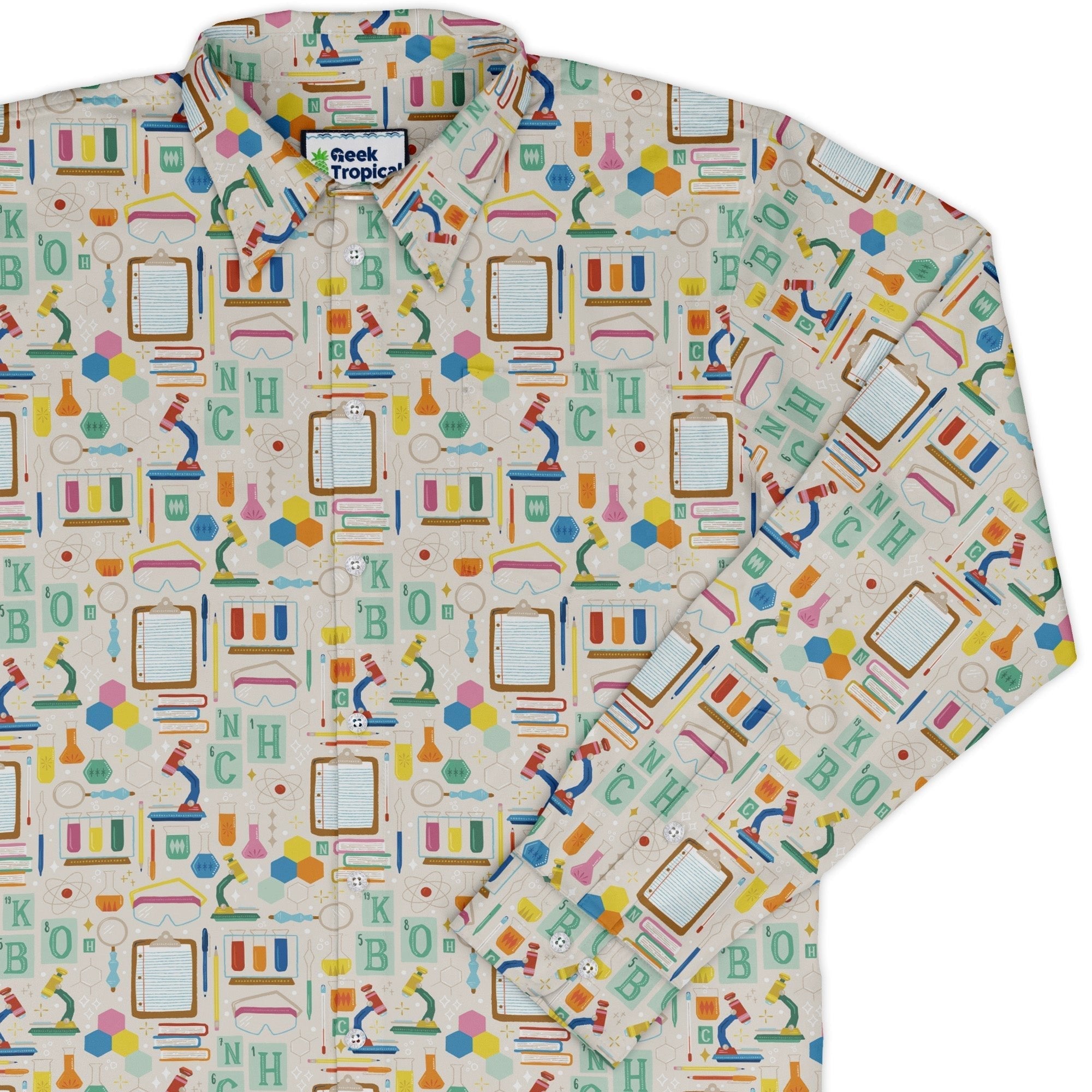 Chemistry Tool Set Long Sleeve Button Up Shirt Geek Nerd adult sizing Design by Zirkus Design FLOW DESC WRITING