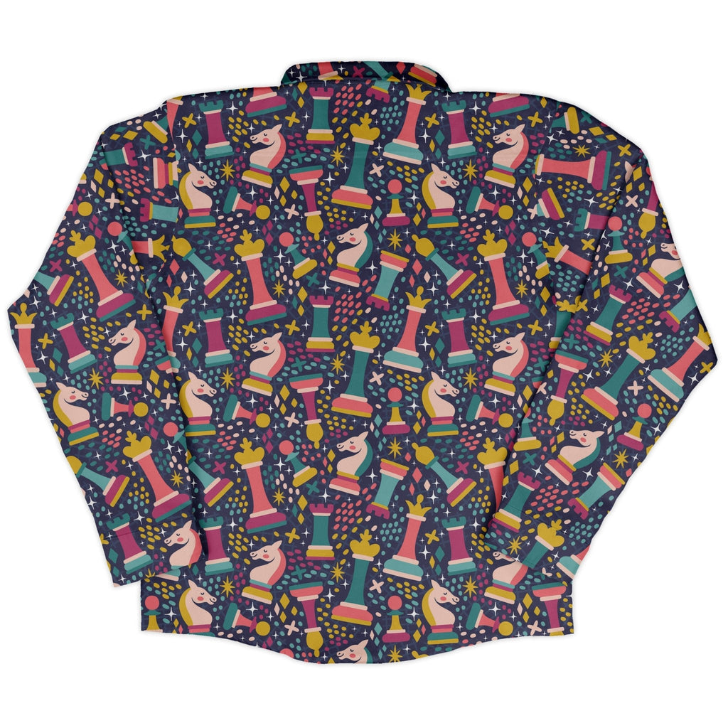 Chess Colorful Chess Pieces Blue Long Sleeve Button Up Shirt Geek Nerd adult sizing board game print FLOW DESC WRITING