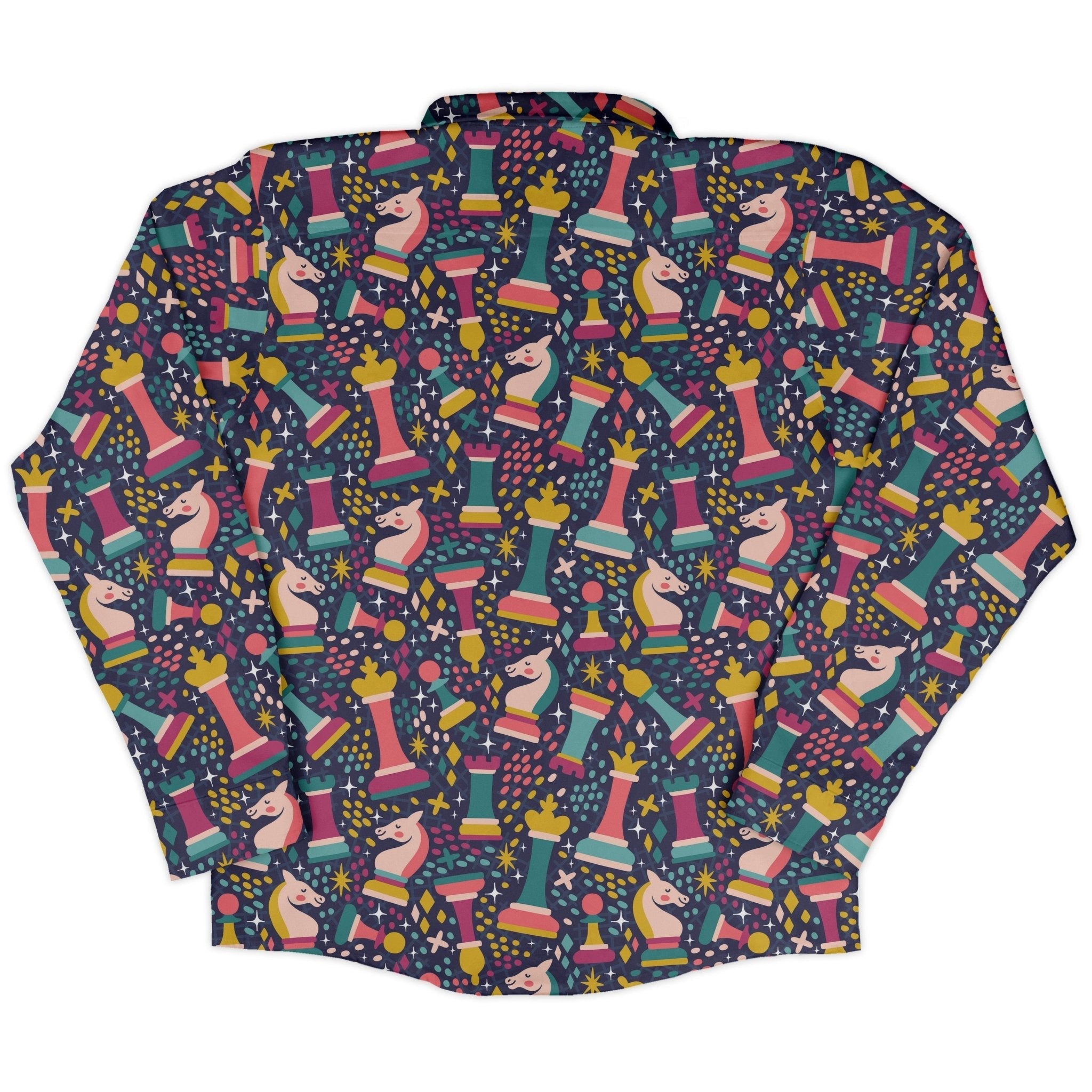 Chess Colorful Chess Pieces Blue Long Sleeve Button Up Shirt Geek Nerd adult sizing board game print FLOW DESC WRITING