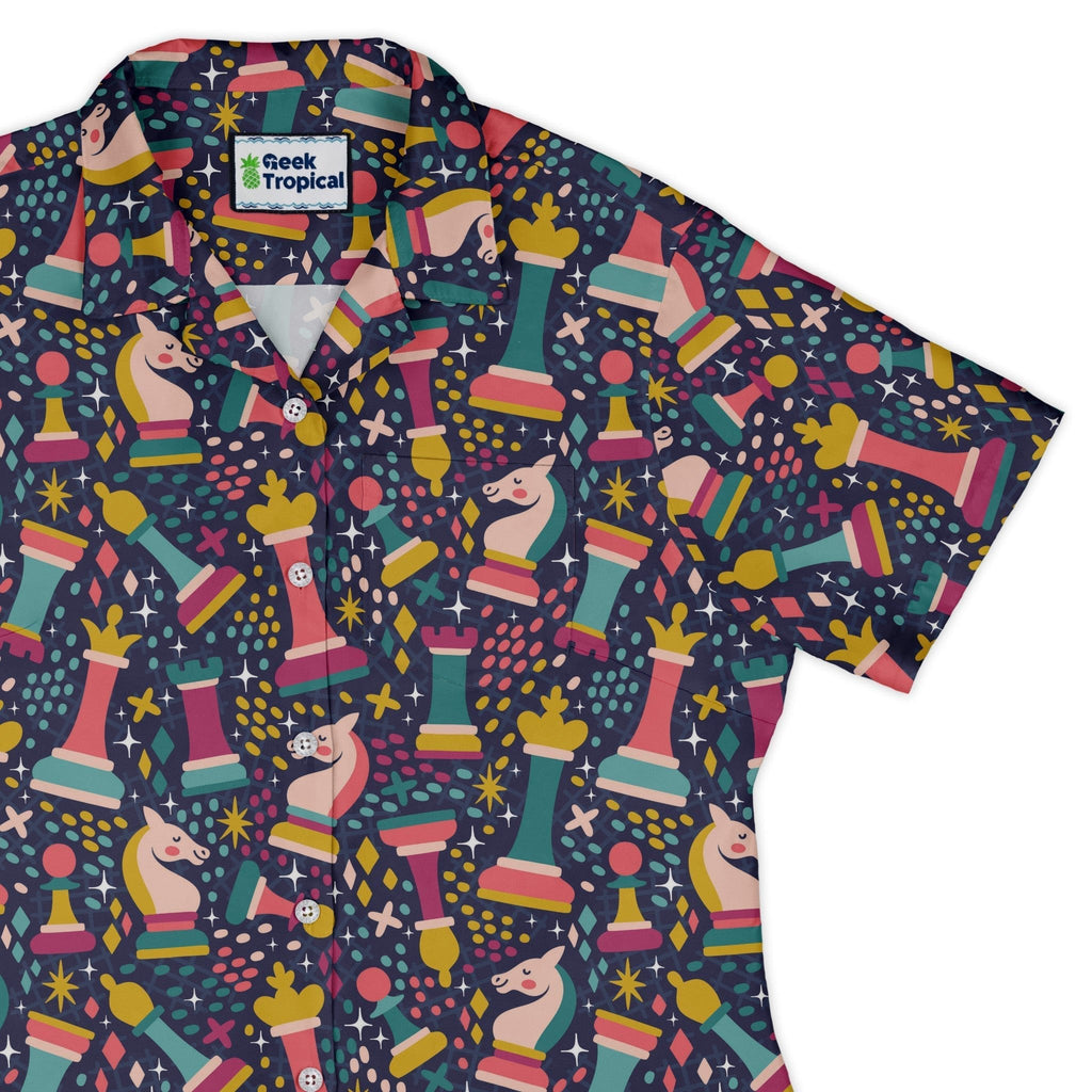 Chess Colorful Chess Pieces Blue Curvy Button Up Shirt Geek Nerd board game print Maximalist Patterns women