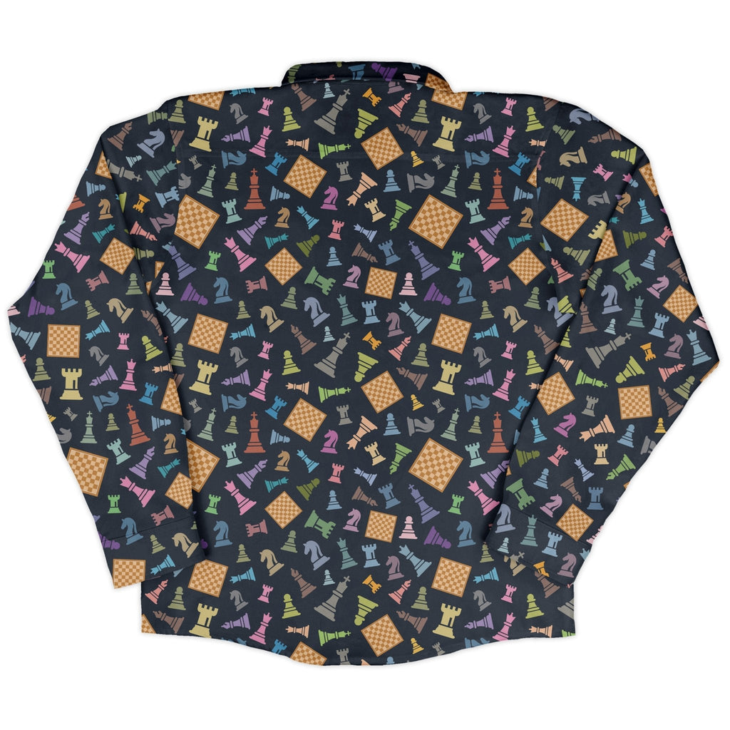 Chess Colorful Pieces Board Blue Long Sleeve Button Up Shirt Geek Nerd adult sizing board game print