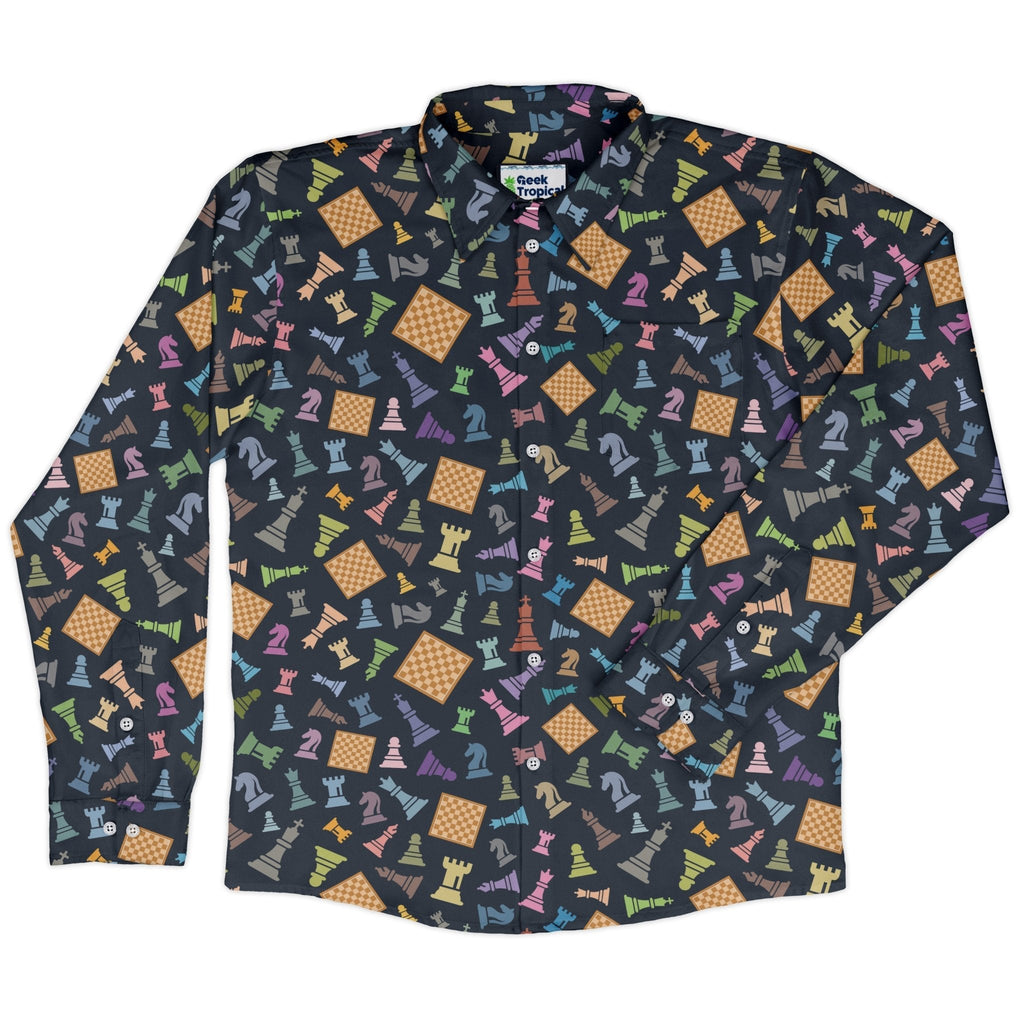 Chess Colorful Pieces Board Blue Long Sleeve Button Up Shirt Geek Nerd adult sizing board game print