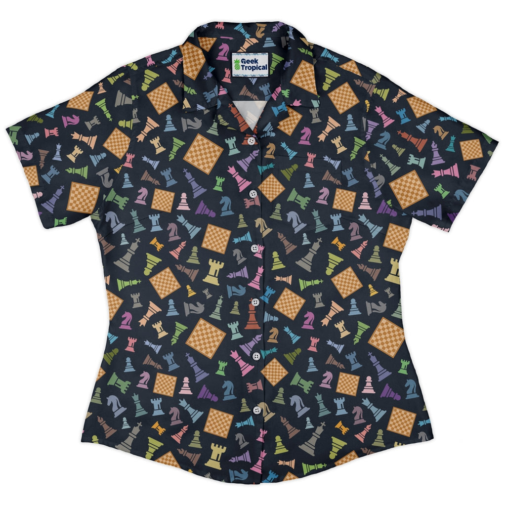 Chess Colorful Pieces Board Blue Curvy Button Up Shirt Geek Nerd board game print women