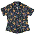 Chess Colorful Pieces Board Blue Curvy Button Up Shirt Geek Nerd board game print women