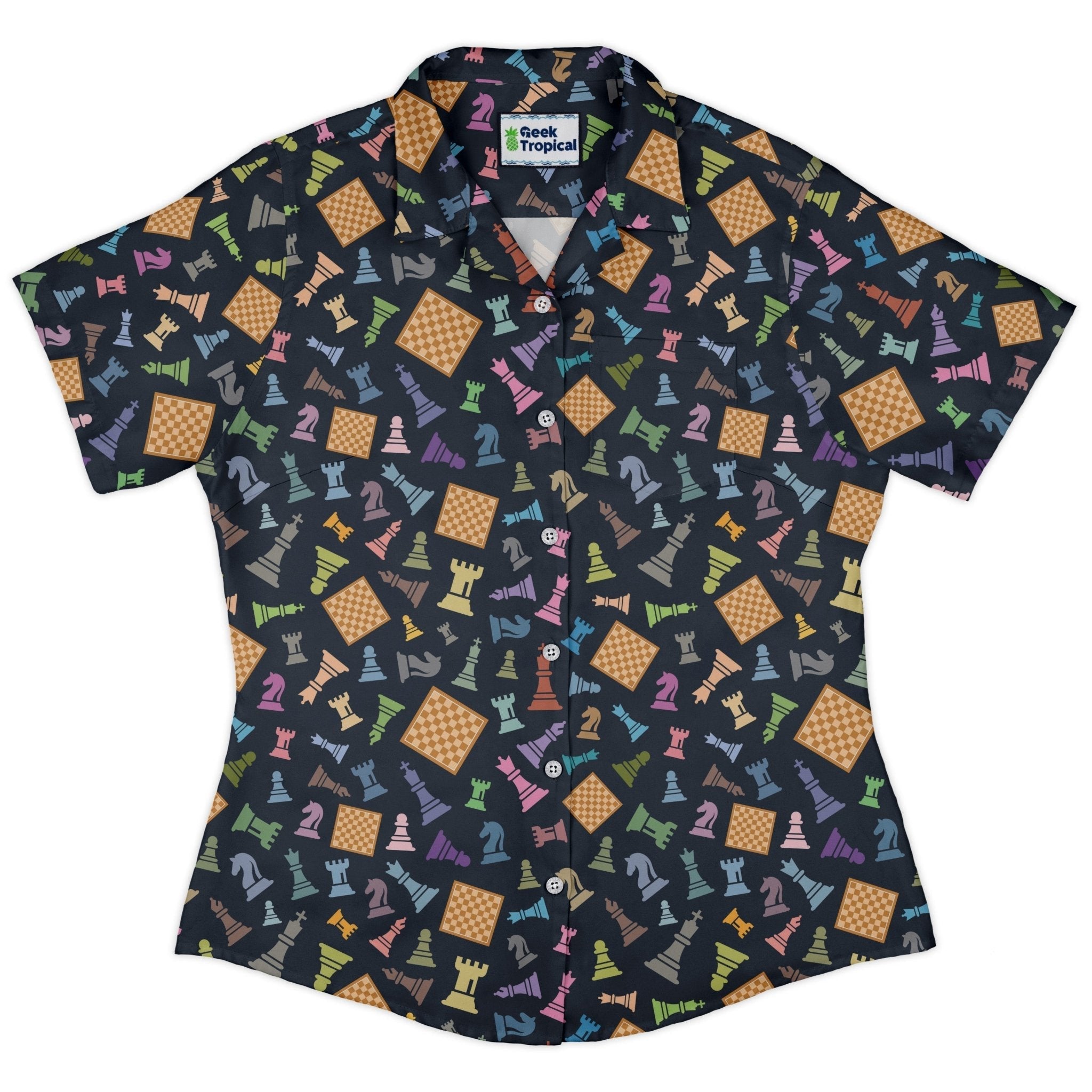 Chess Colorful Pieces Board Blue Curvy Button Up Shirt Geek Nerd board game print women