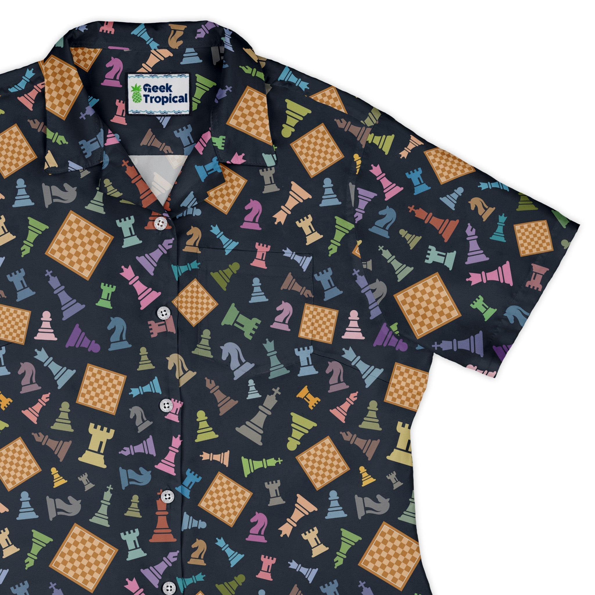 Chess Colorful Pieces Board Blue Curvy Button Up Shirt Geek Nerd board game print women