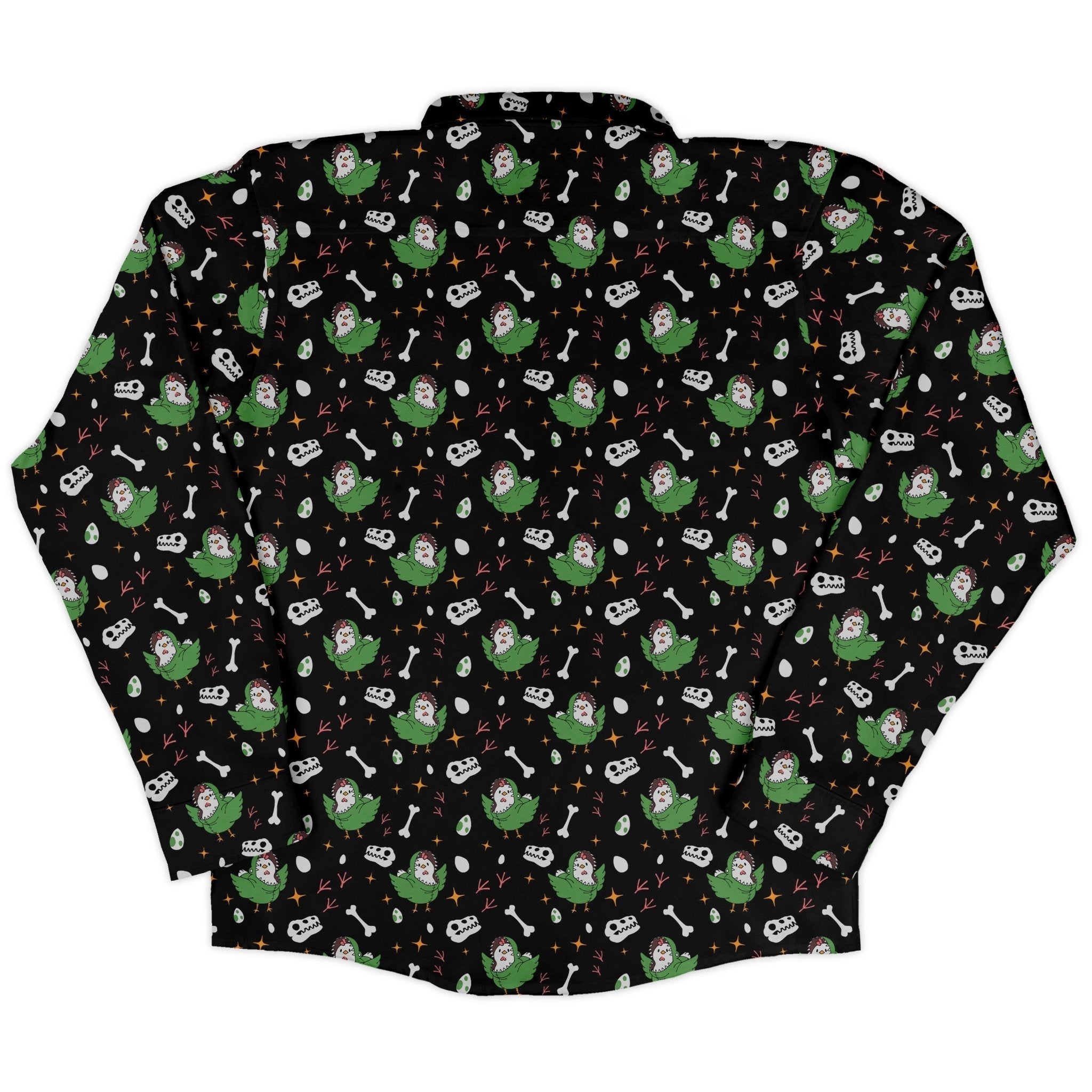 Chickenossauro Rex Long Sleeve Button Up Shirt Geek Nerd adult sizing Design by Tobe Fonseca dinosaur print