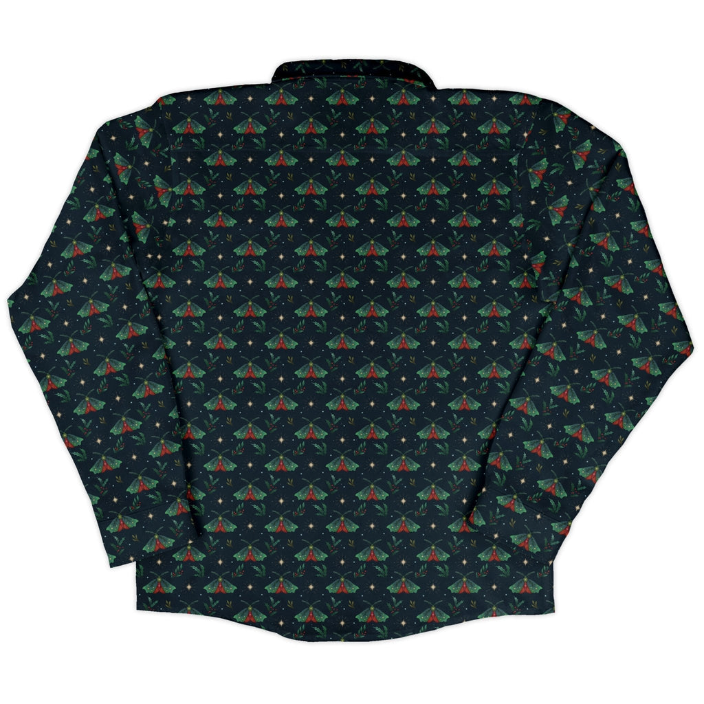 Christmas Moths Long Sleeve Button Up Shirt Geek Nerd adult sizing Botany Print Christmas Print