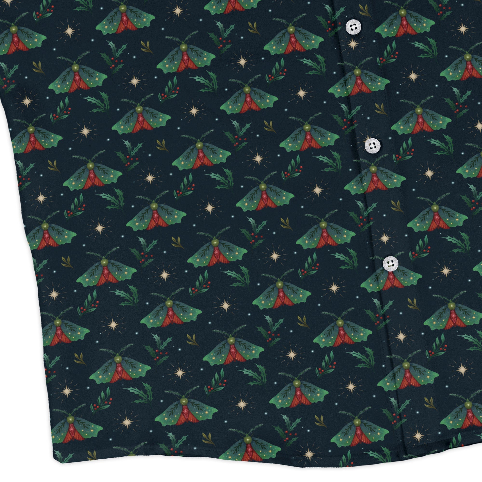 Christmas Moths Long Sleeve Button Up Shirt Geek Nerd adult sizing Botany Print Christmas Print