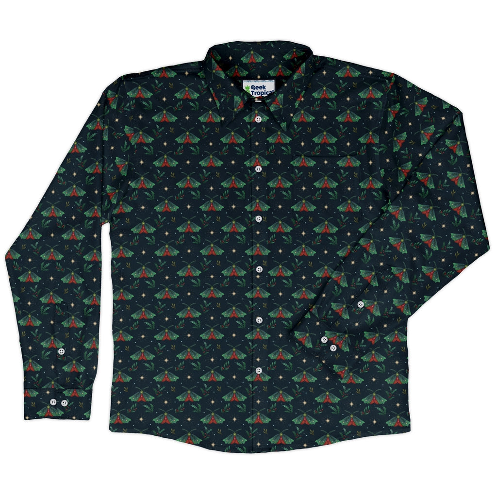 Christmas Moths Long Sleeve Button Up Shirt Geek Nerd adult sizing Botany Print Christmas Print