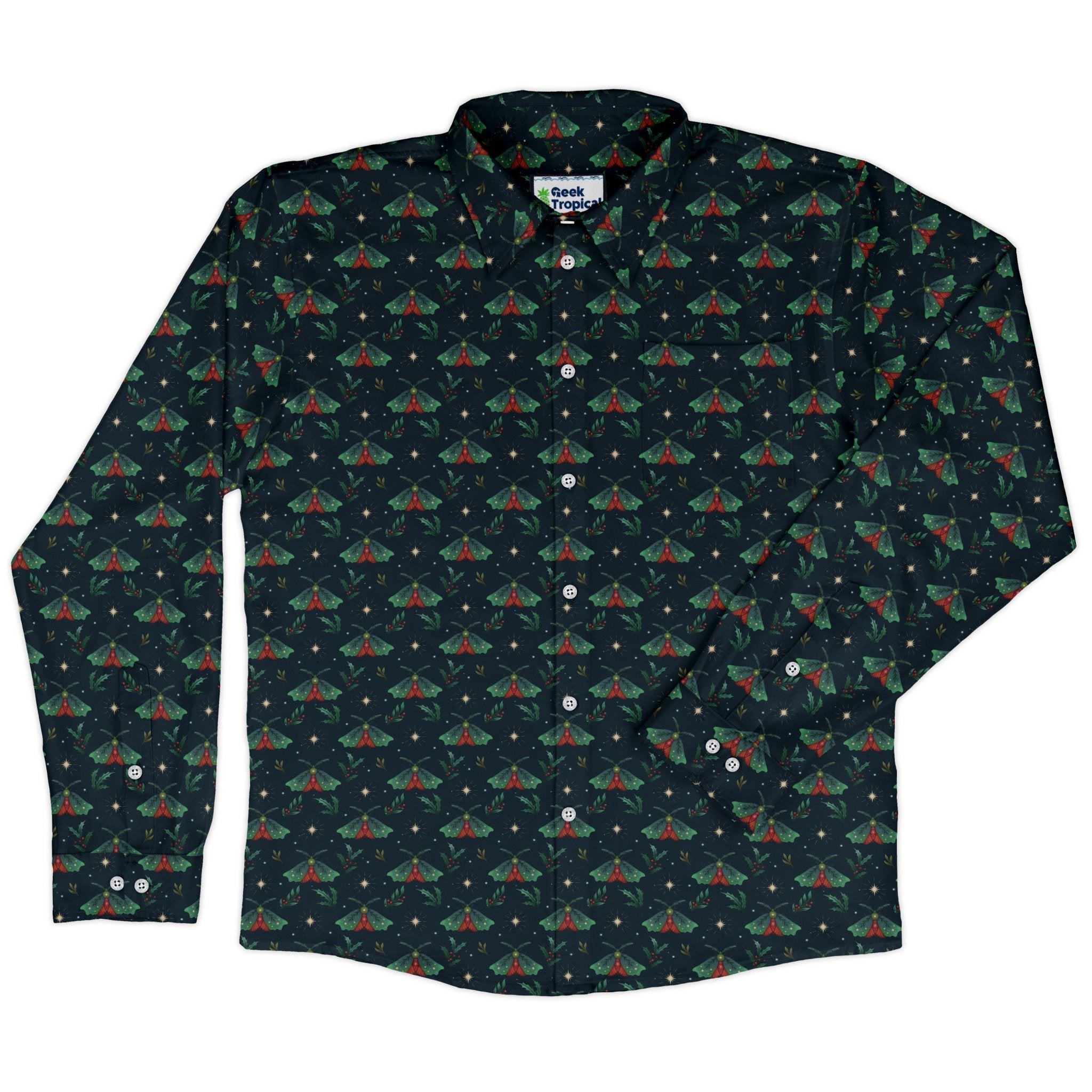 Christmas Moths Long Sleeve Button Up Shirt Geek Nerd adult sizing Botany Print Christmas Print