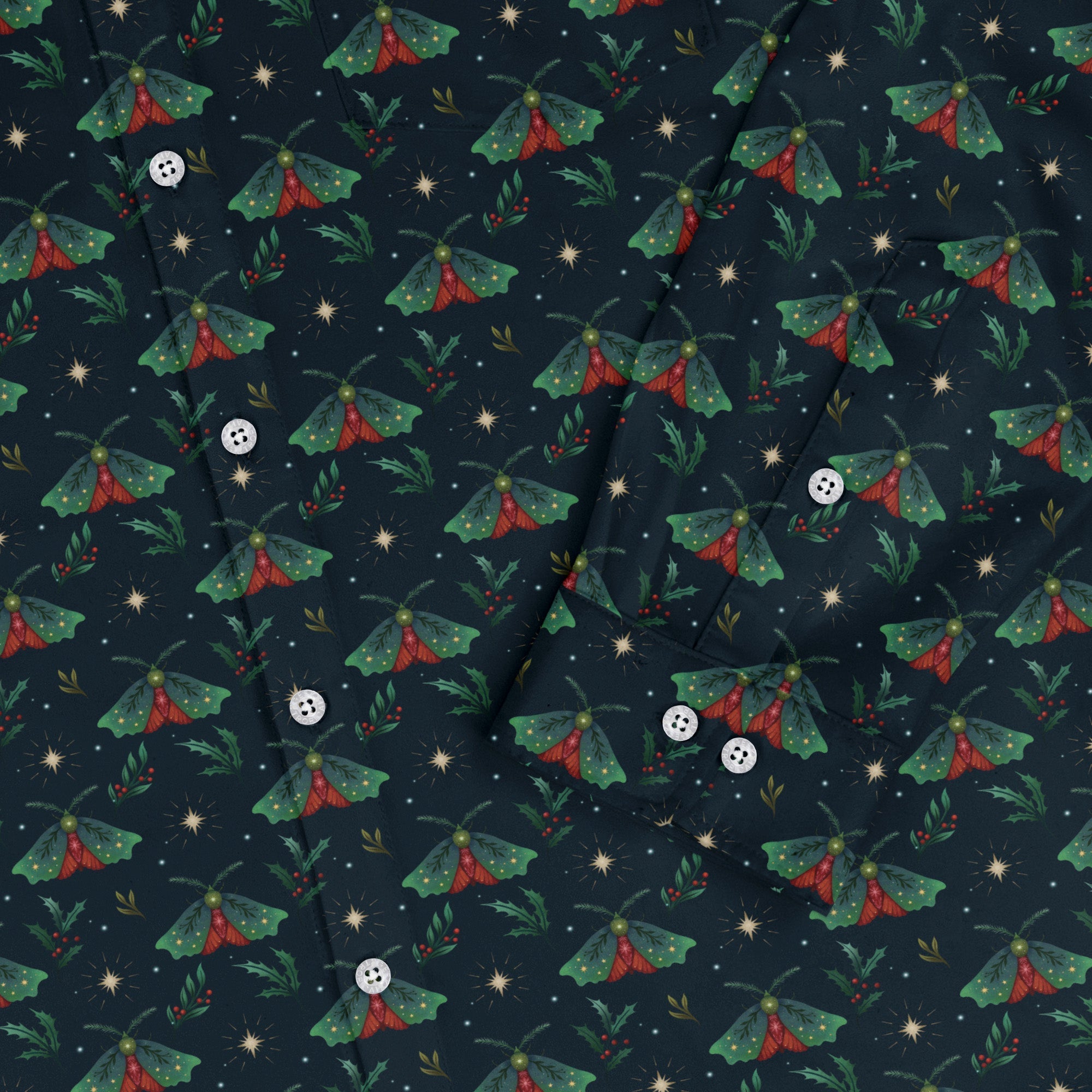 Christmas Moths Long Sleeve Button Up Shirt Geek Nerd adult sizing Botany Print Christmas Print