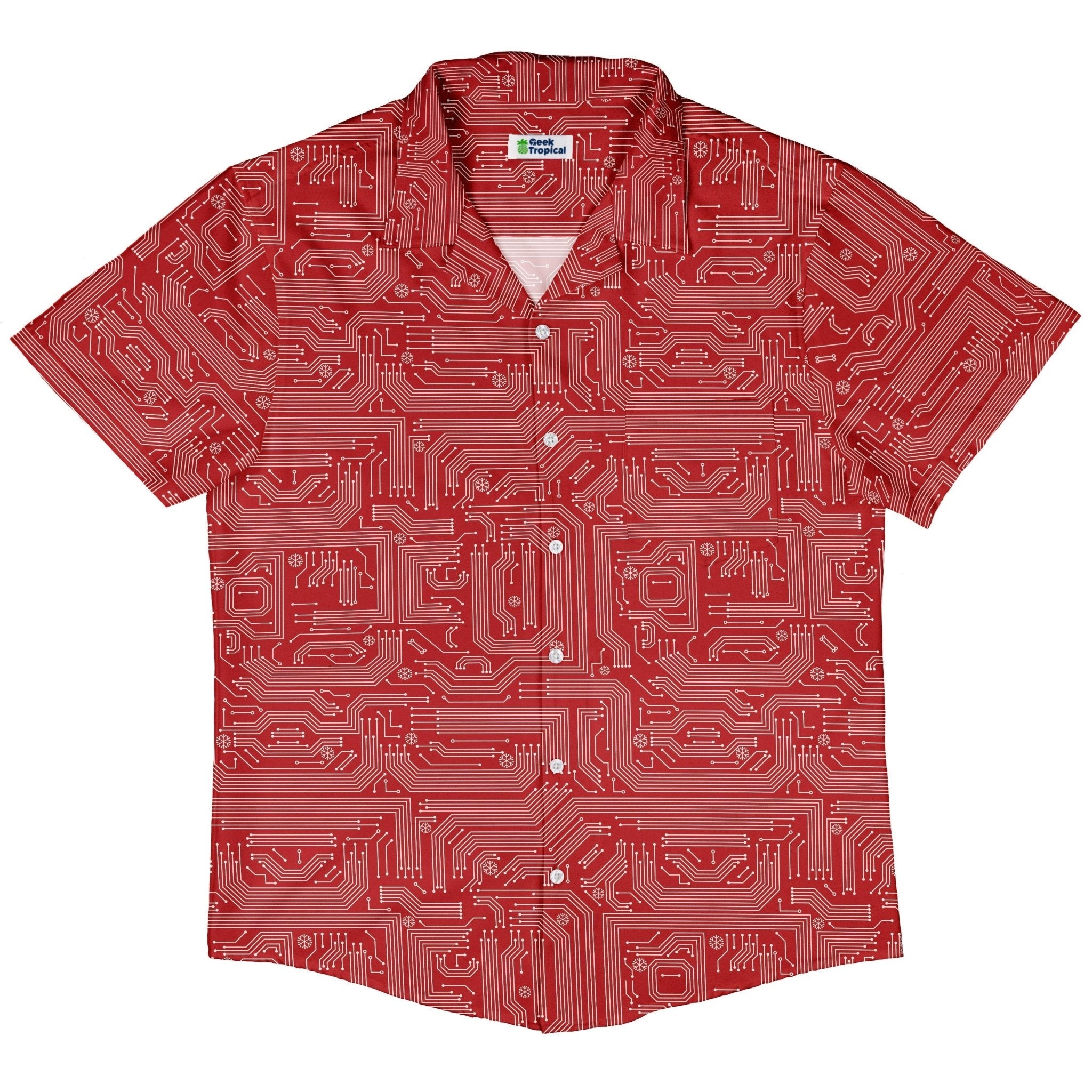Christmas Red Computer Circuit Board Button Up Shirt Geek Nerd adult sizing Christmas Print