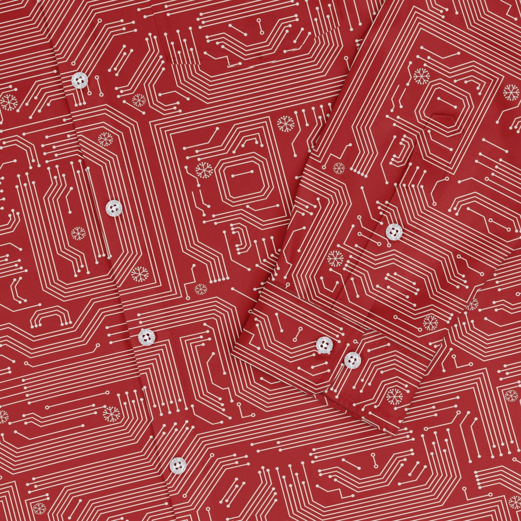 Christmas Red Computer Circuit Board Long Sleeve Button Up Shirt Geek Nerd adult sizing Christmas Print computer print