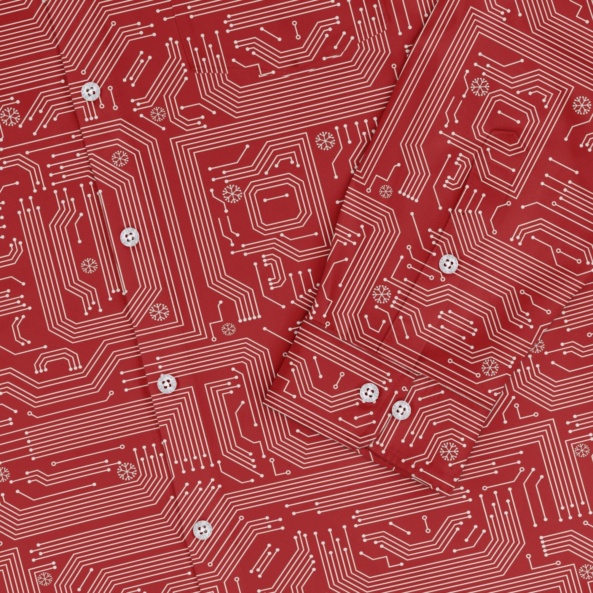 Christmas Red Computer Circuit Board Long Sleeve Button Up Shirt Geek Nerd adult sizing Christmas Print computer print