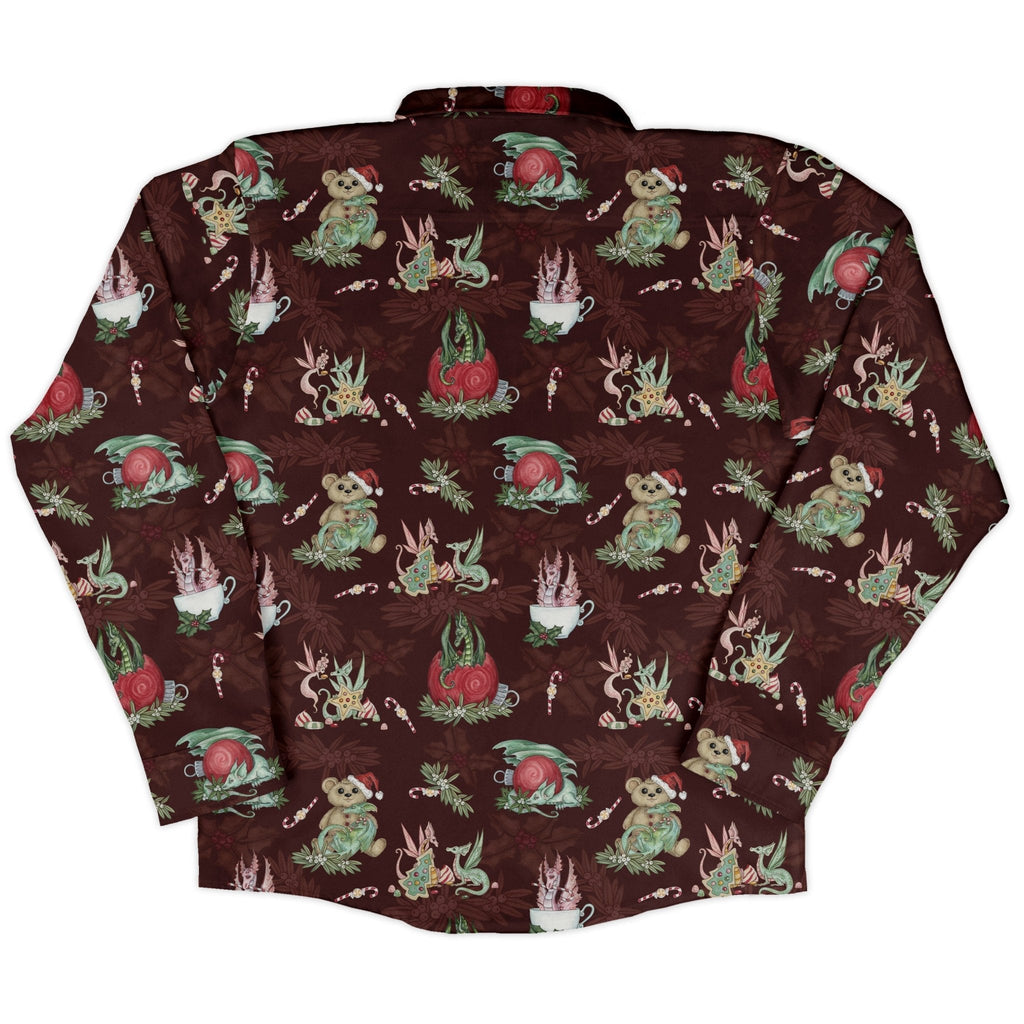 Christmas Time with Dragons Long Sleeve Button Up Shirt Geek Nerd adult sizing Christmas Print Design by Amy Brown