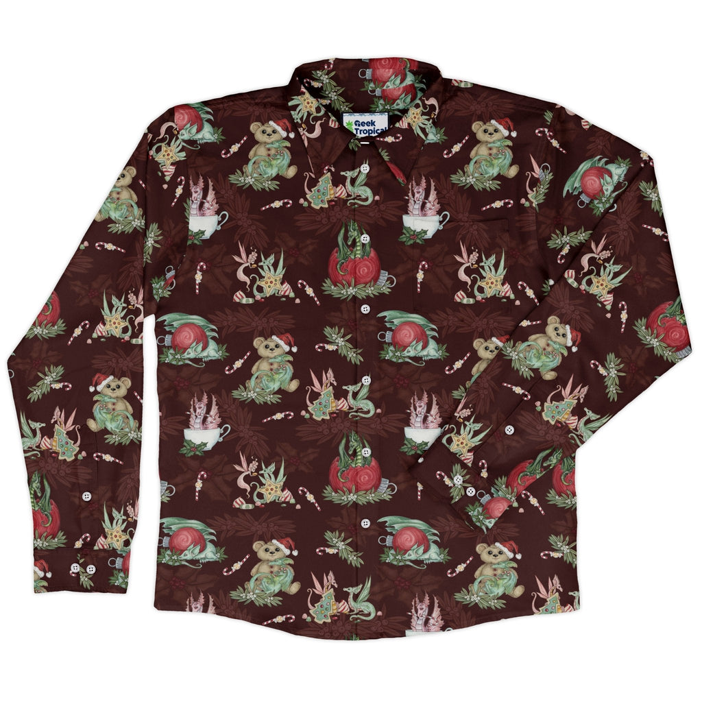 Christmas Time with Dragons Long Sleeve Button Up Shirt Geek Nerd adult sizing Christmas Print Design by Amy Brown