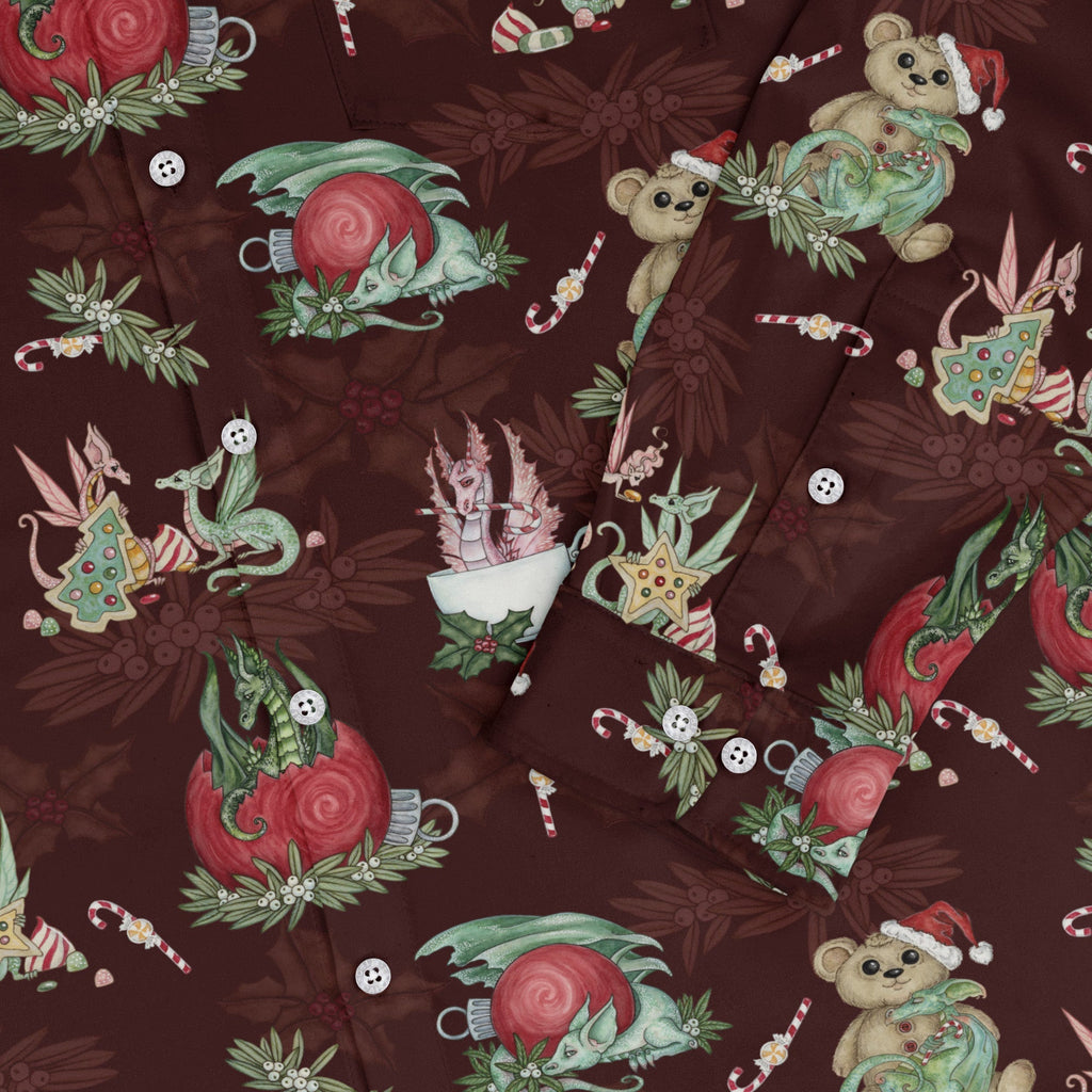 Christmas Time with Dragons Long Sleeve Button Up Shirt Geek Nerd adult sizing Christmas Print Design by Amy Brown
