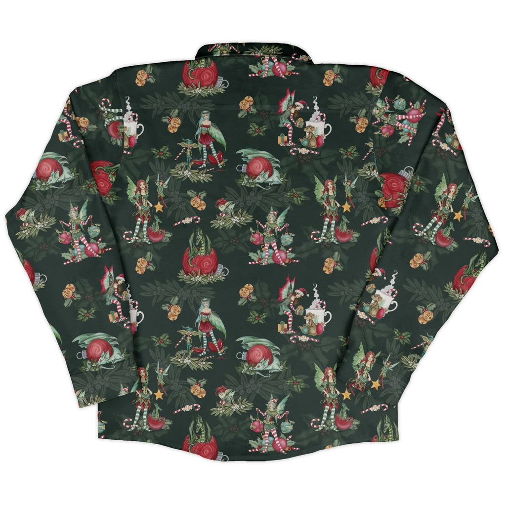 Christmas Time with Fantasy Creatures Long Sleeve Button Up Shirt Geek Nerd adult sizing Christmas Print Design by Amy Brown