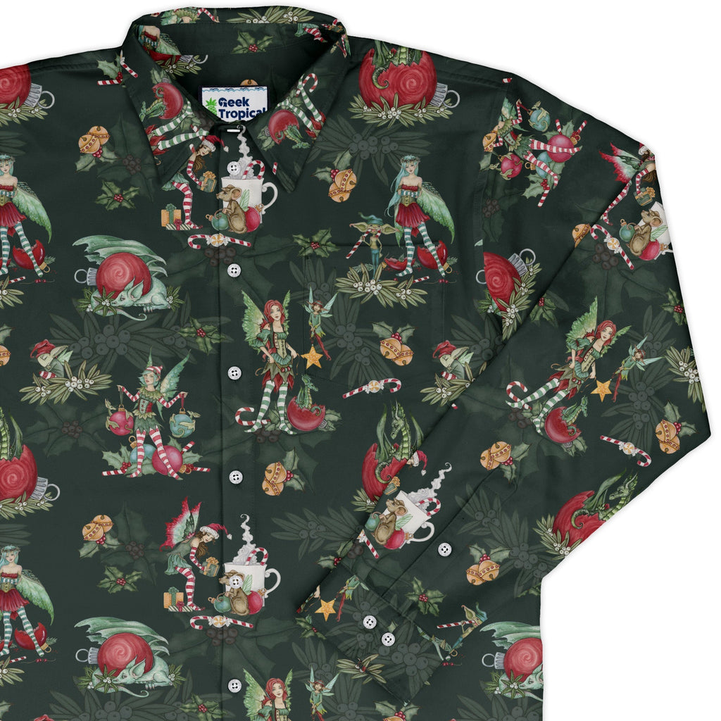 Christmas Time with Fantasy Creatures Long Sleeve Button Up Shirt Geek Nerd adult sizing Christmas Print Design by Amy Brown