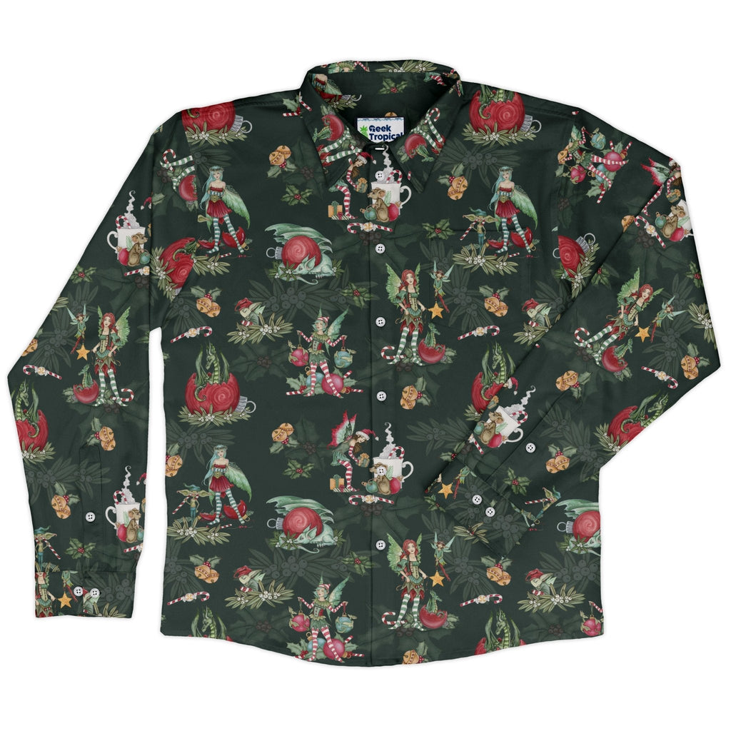 Christmas Time with Fantasy Creatures Long Sleeve Button Up Shirt Geek Nerd adult sizing Christmas Print Design by Amy Brown