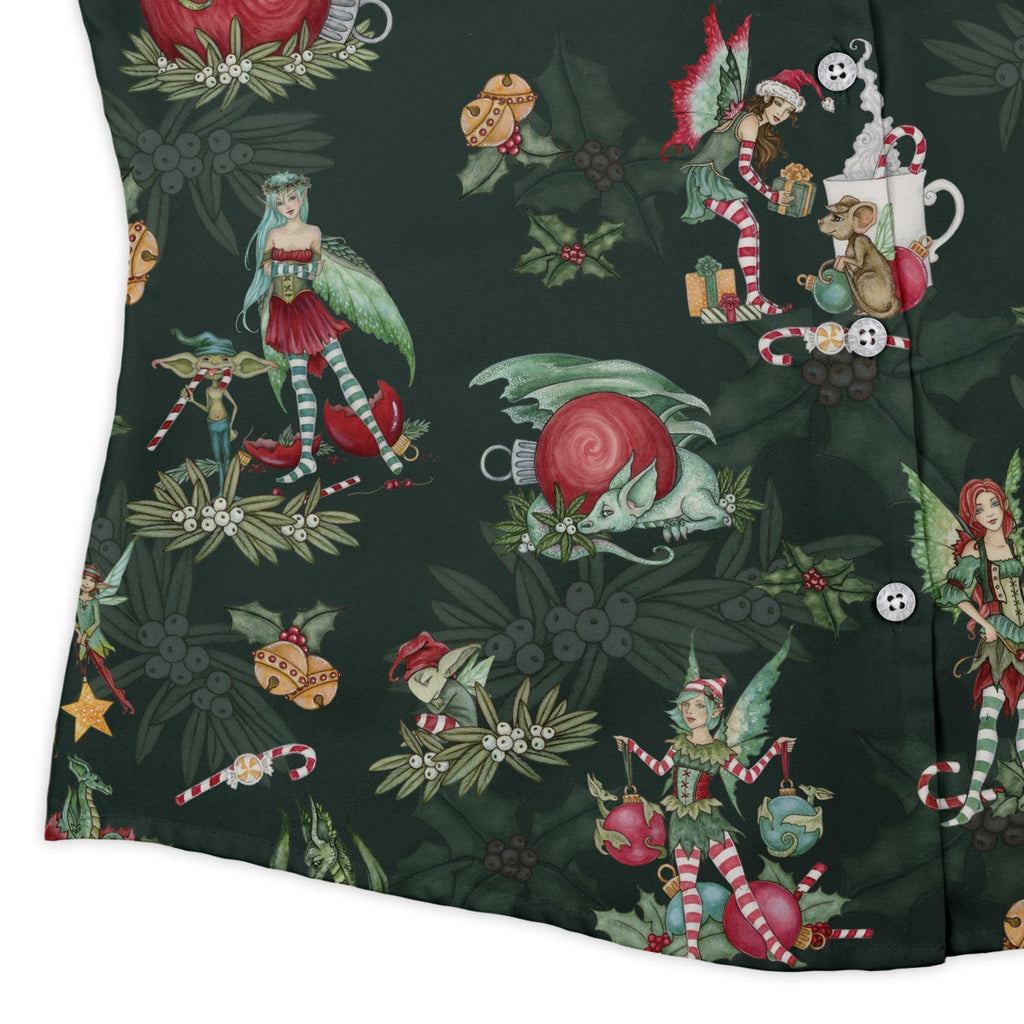 Christmas Time with Fantasy Creatures Curvy Button Up Shirt Geek Nerd Christmas Print Design by Amy Brown Fantasy Prints