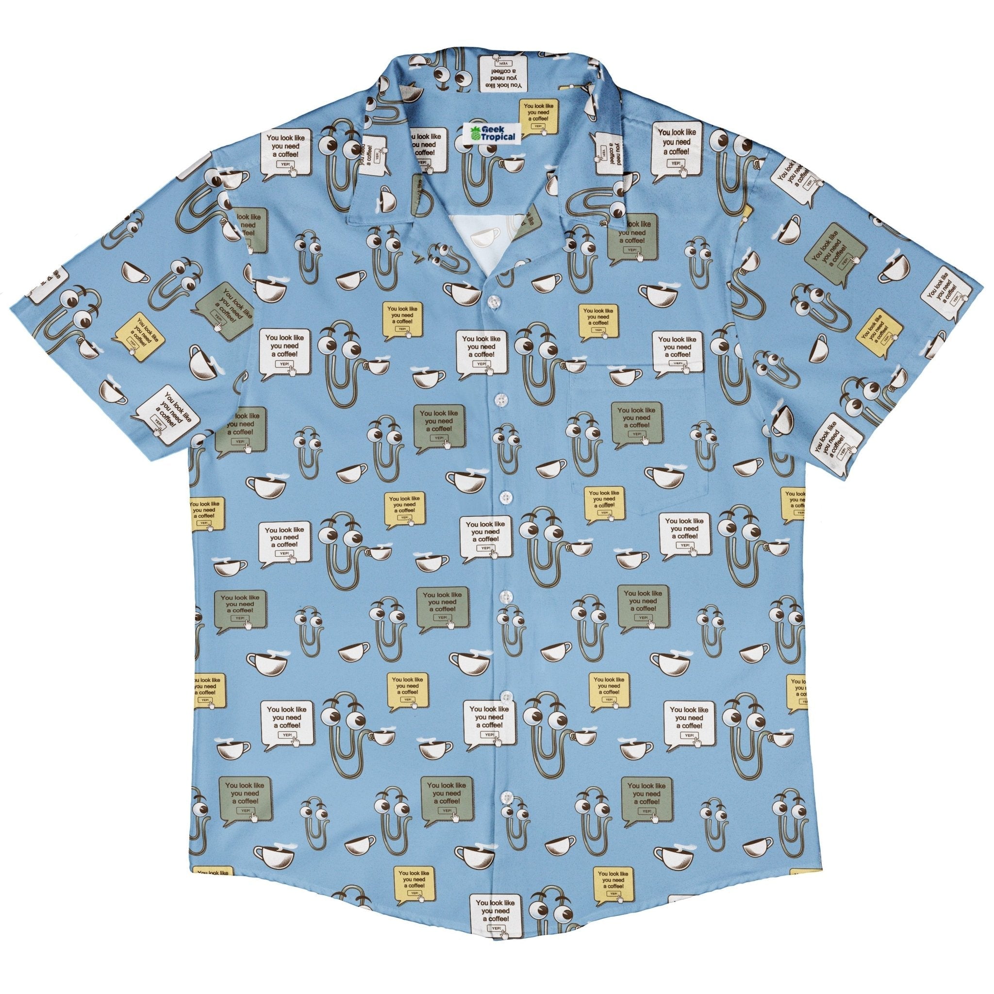 Clippy Coffee Button Up Shirt Geek Nerd 0925 adult sizing All Adult Button Up Shirts