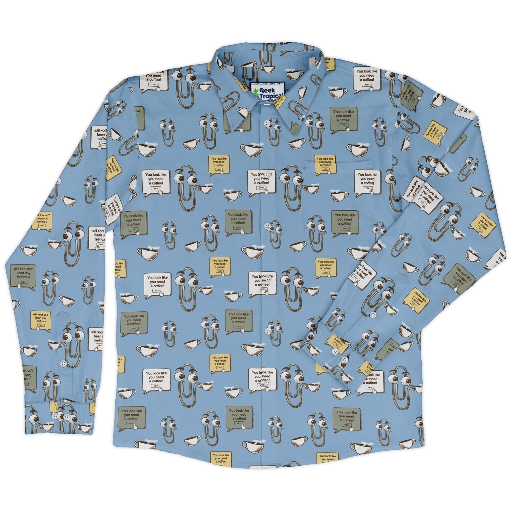 Clippy Coffee Long Sleeve Button Up Shirt Geek Nerd 0925 adult sizing All Adult Button Up Shirts