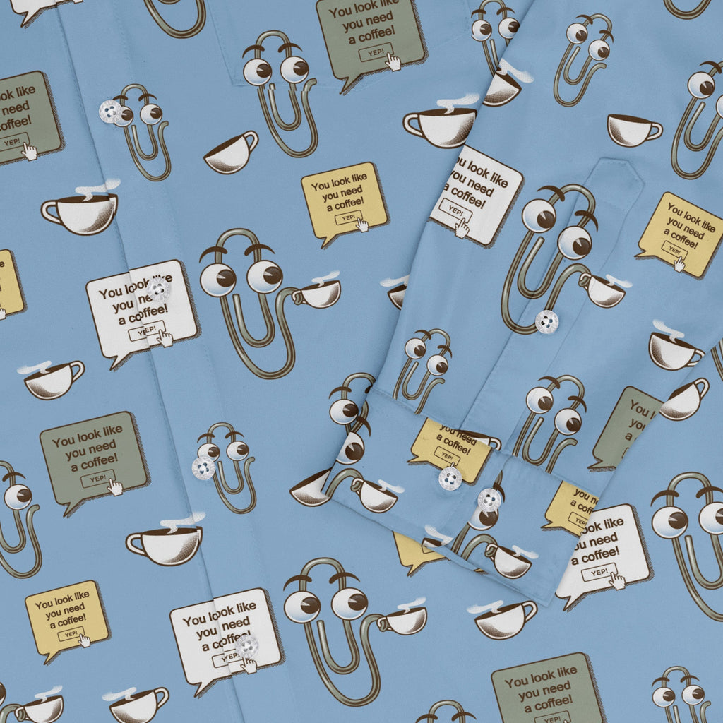 Clippy Coffee Long Sleeve Button Up Shirt Geek Nerd 0925 adult sizing All Adult Button Up Shirts