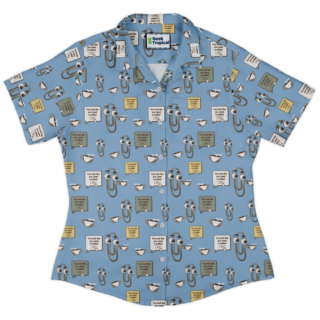 Clippy Coffee Curvy Button Up Shirt Geek Nerd 0925 All Adult Button Up Shirts computer print