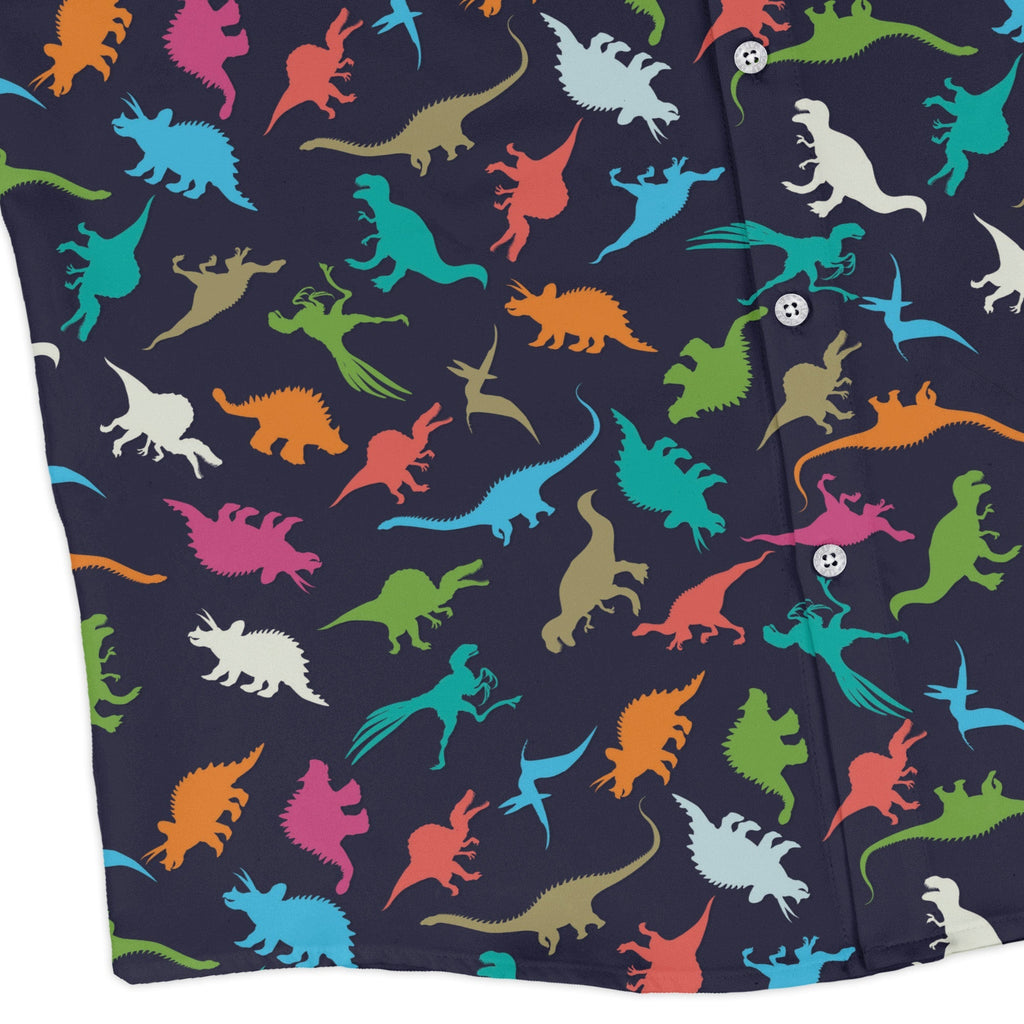 Colorful Dinosaur Silhouettes Navy Long Sleeve Button Up Shirt Geek Nerd adult sizing dinosaur print FLOW DESC WRITING