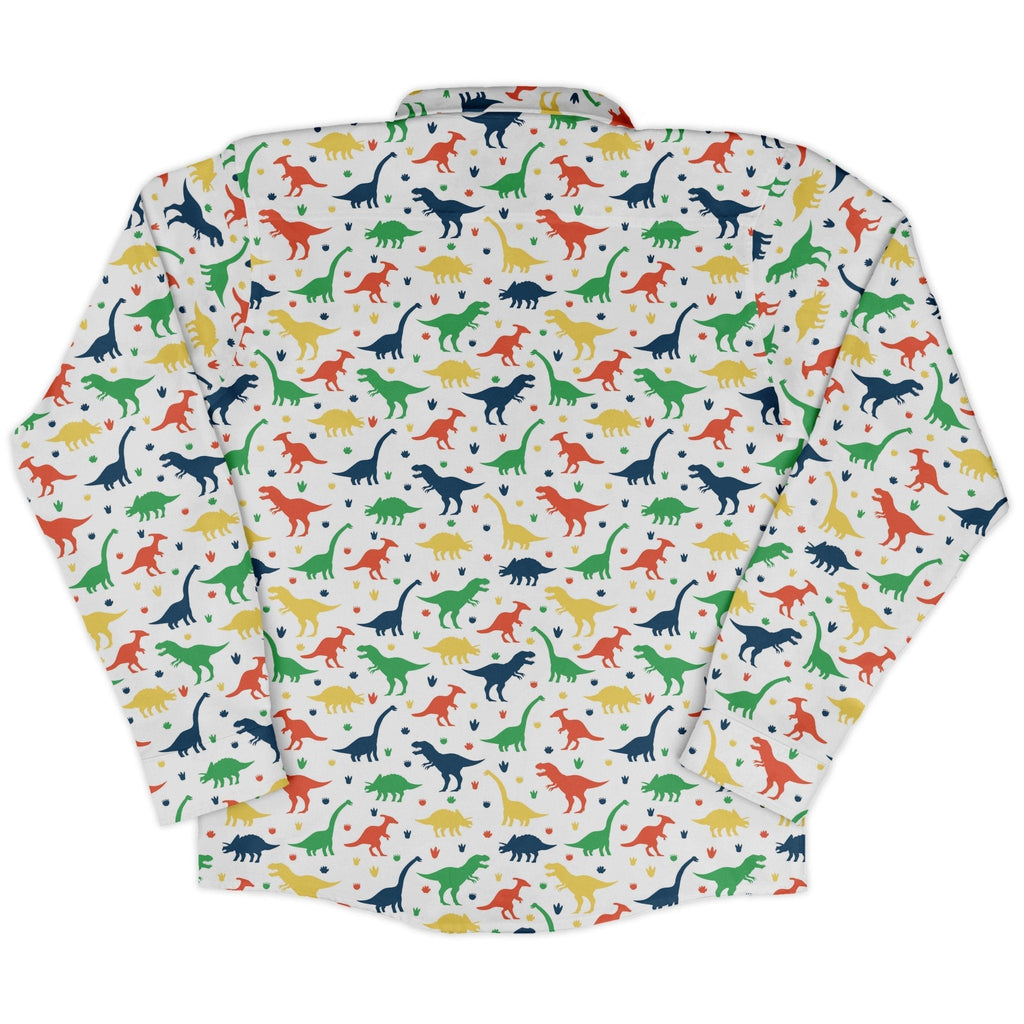 Colorful Dinosaur Silhouettes White Long Sleeve Button Up Shirt Geek Nerd adult sizing dinosaur print FLOW DESC WRITING