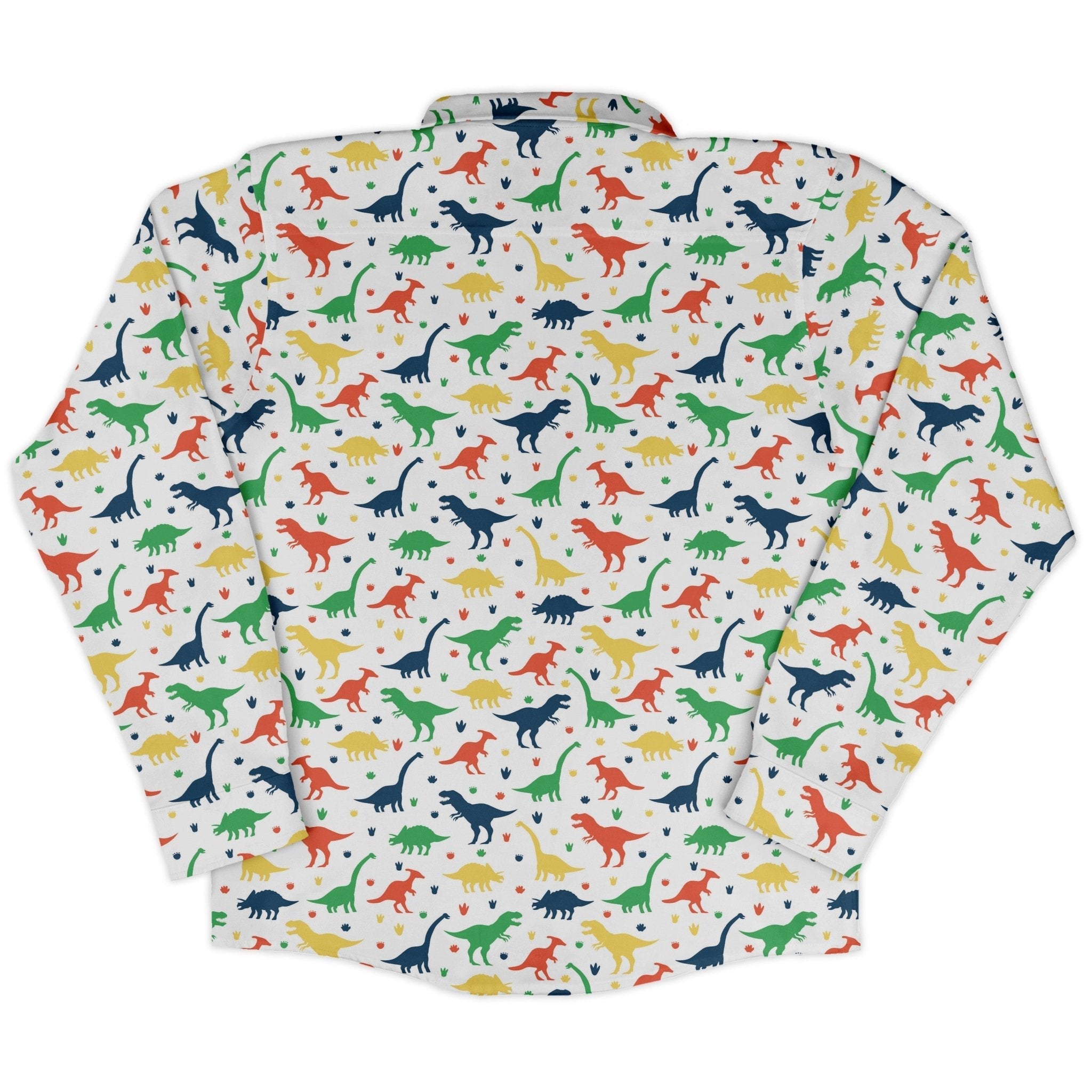 Colorful Dinosaur Silhouettes White Long Sleeve Button Up Shirt Geek Nerd adult sizing dinosaur print FLOW DESC WRITING