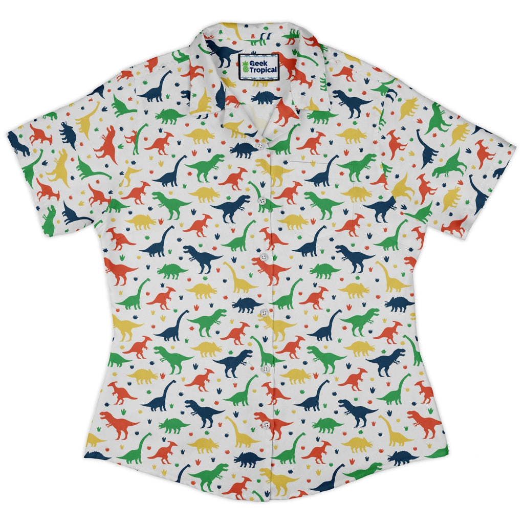 Colorful Dinosaur Silhouettes White Curvy Button Up Shirt Geek Nerd dinosaur print women