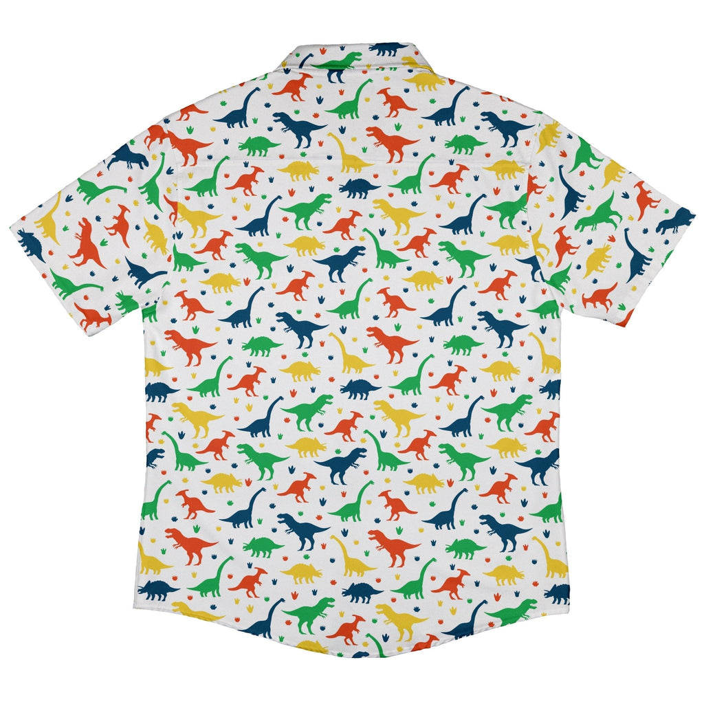 Colorful Dinosaur Silhouettes White Button Up Shirt - adult sizing - dinosaur print -