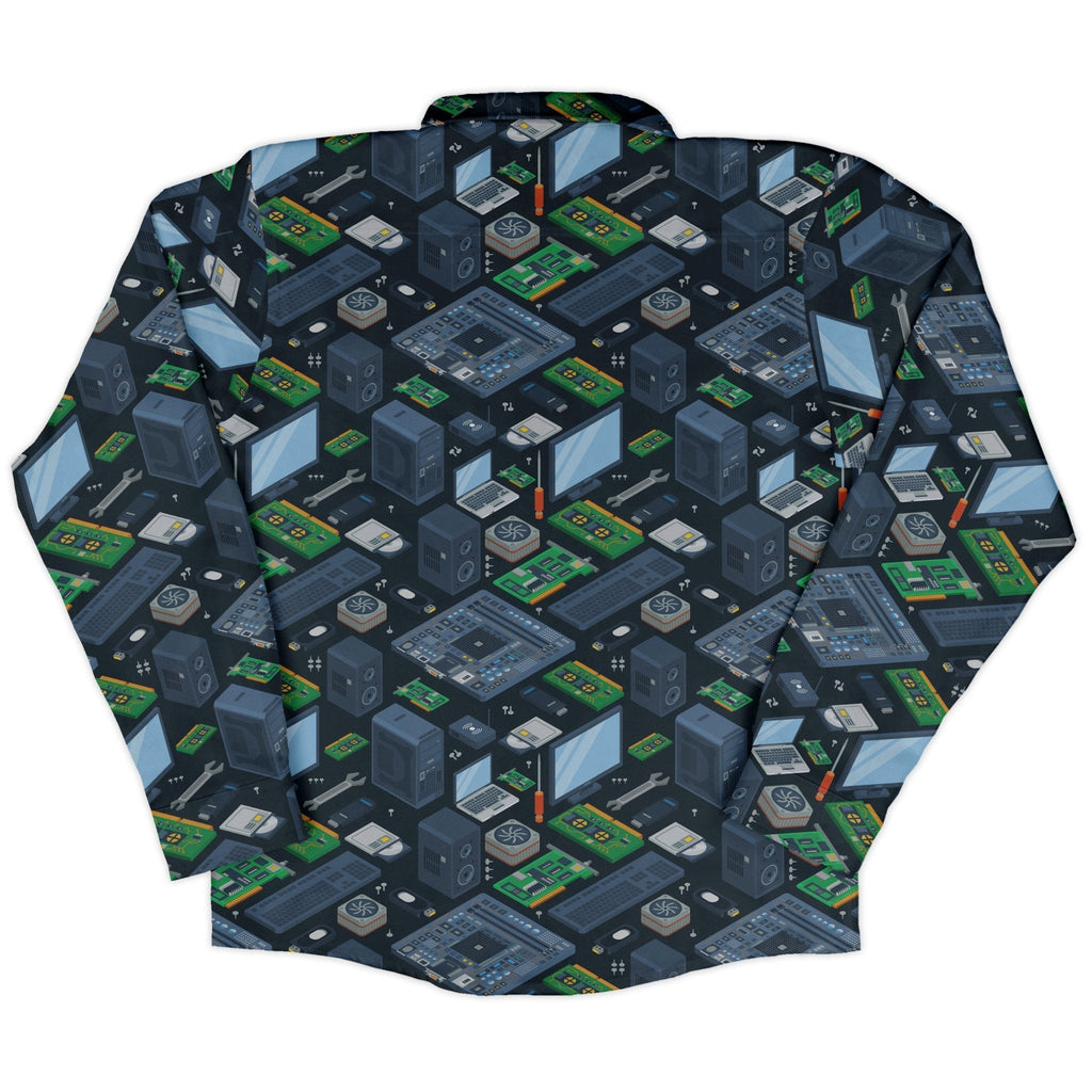 Computer Electronic Parts Dark Navy Long Sleeve Button Up Shirt Geek Nerd adult sizing computer print FLOW DESC WRITING