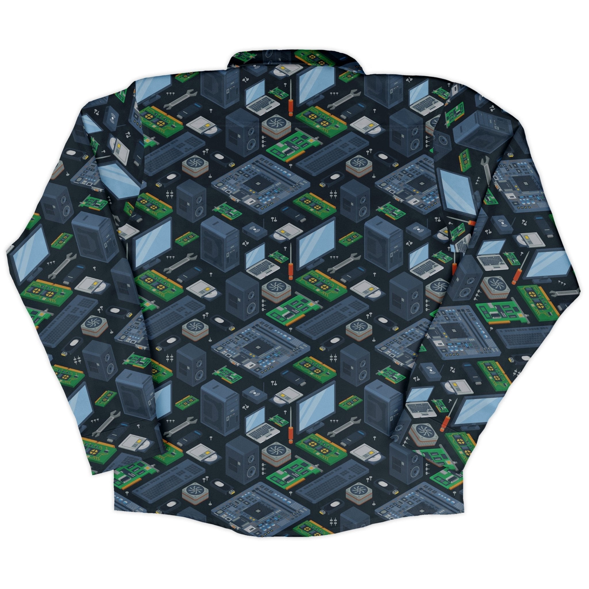 Computer Electronic Parts Dark Navy Long Sleeve Button Up Shirt Geek Nerd adult sizing computer print FLOW DESC WRITING