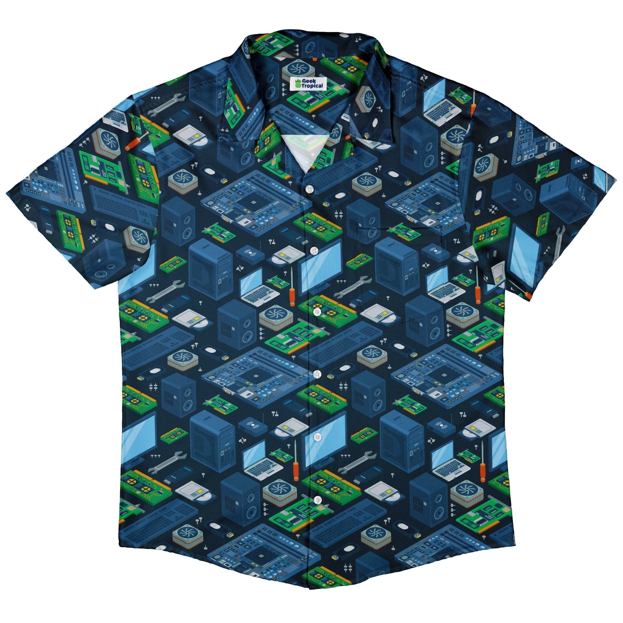 Computer Electronic Parts Dark Navy Button Up Shirt - adult sizing - computer print - Maximalist Patterns