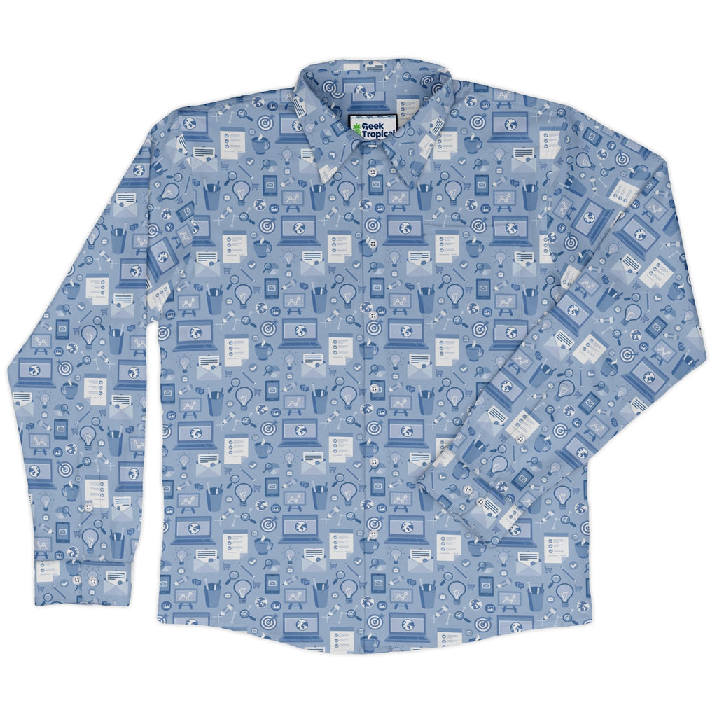 Computer Programmer Life Silver Blue Long Sleeve Button Up Shirt Geek Nerd adult sizing computer print FLOW DESC WRITING