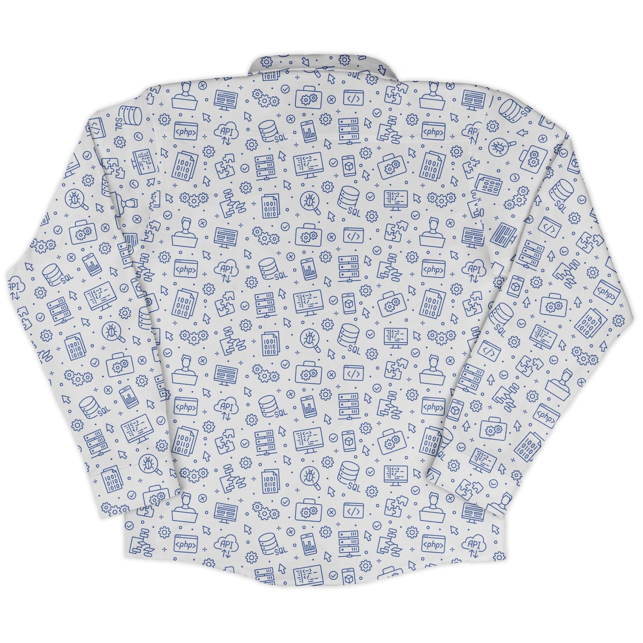 Computer Software Engineer White Long Sleeve Button Up Shirt Geek Nerd adult sizing computer print FLOW DESC WRITING