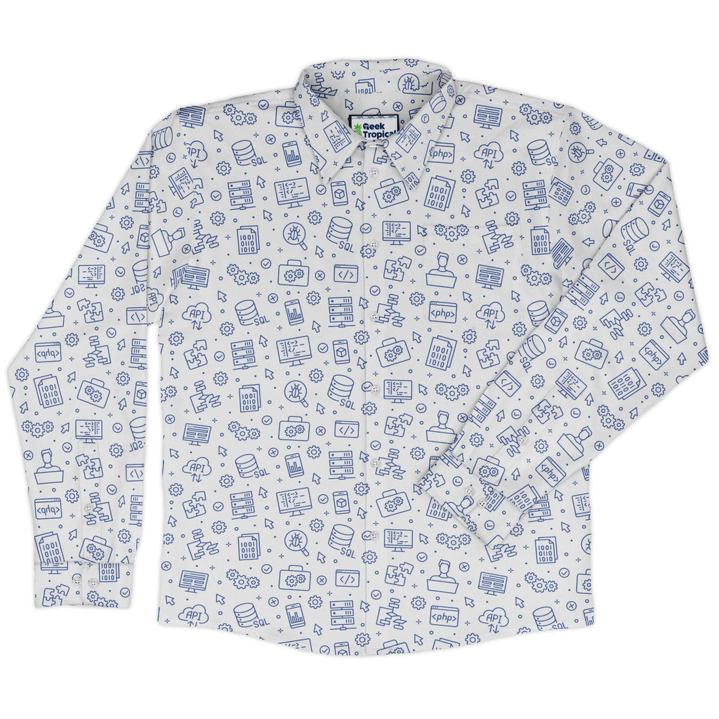 Computer Software Engineer White Long Sleeve Button Up Shirt Geek Nerd adult sizing computer print FLOW DESC WRITING