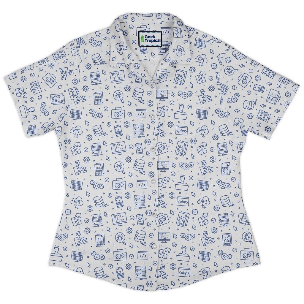 Computer Software Engineer White Curvy Button Up Shirt Geek Nerd computer print Simple Patterns women