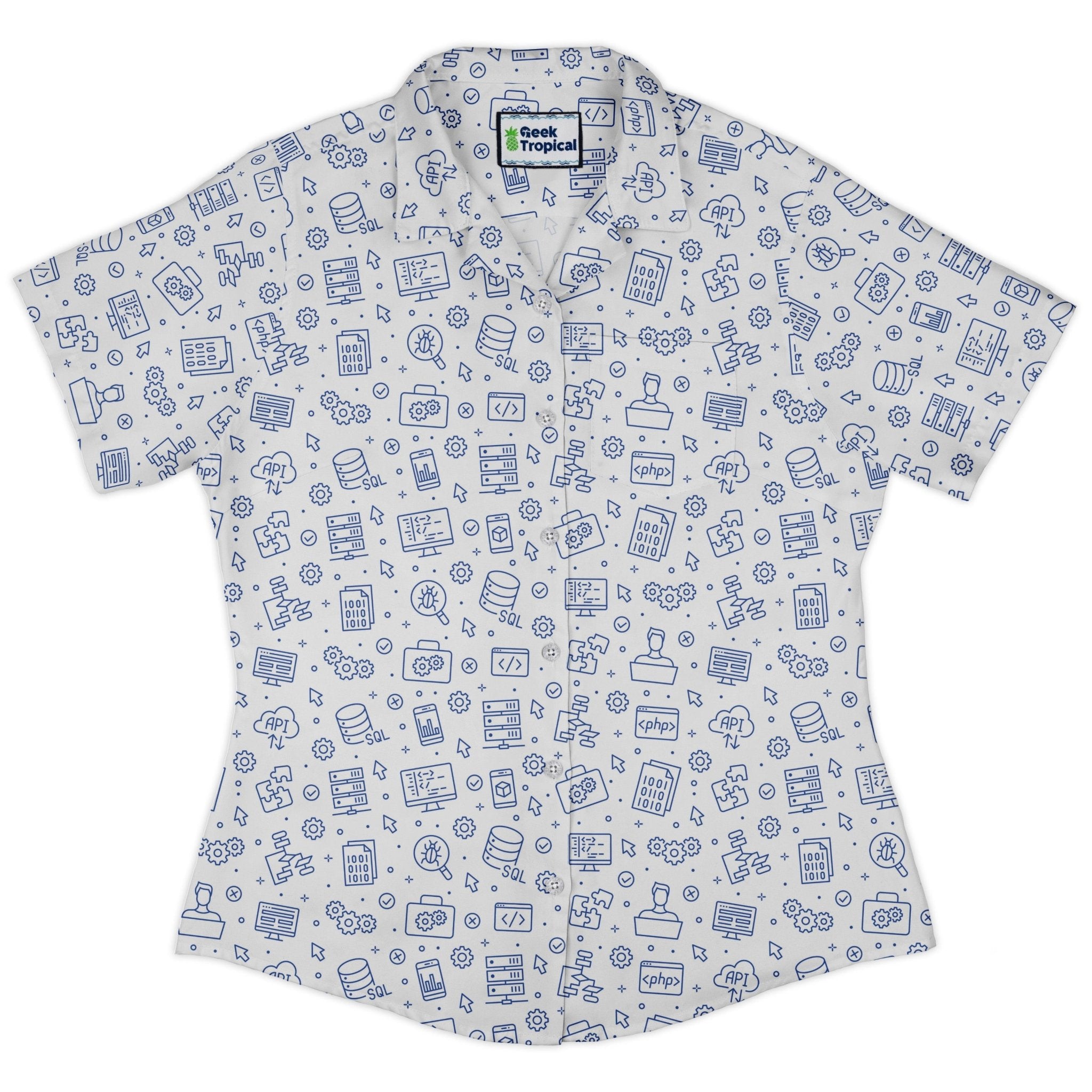 Computer Software Engineer White Curvy Button Up Shirt Geek Nerd computer print Simple Patterns women