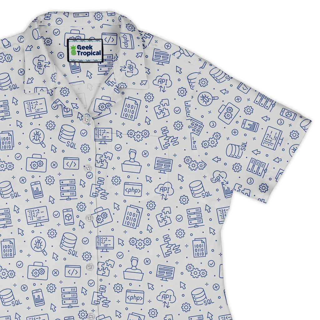 Computer Software Engineer White Curvy Button Up Shirt Geek Nerd computer print Simple Patterns women