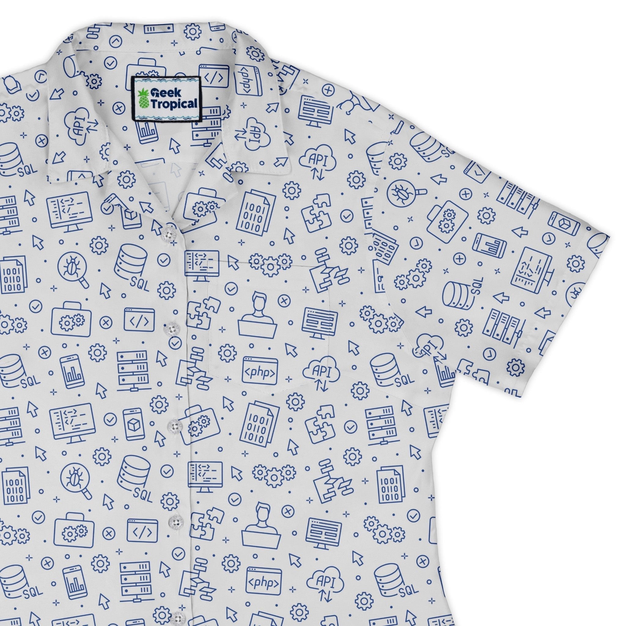 Computer Software Engineer White Curvy Button Up Shirt Geek Nerd computer print Simple Patterns women