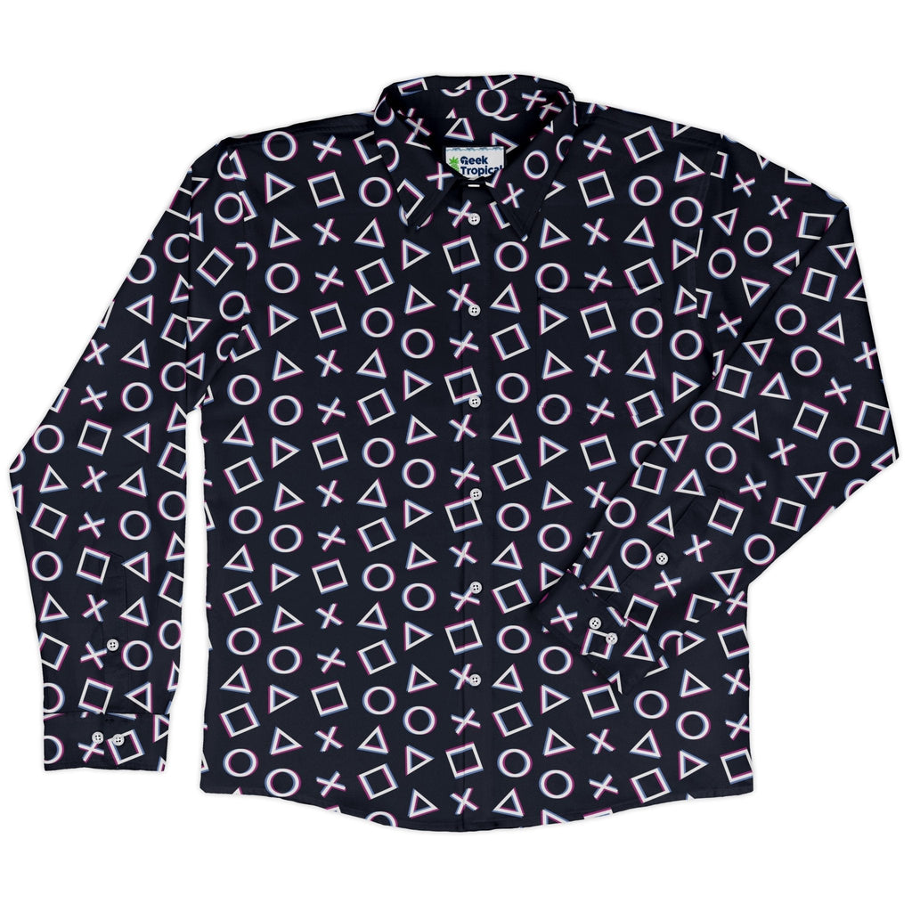 Controller Gamepad Buttons Gray Video Game Long Sleeve Button Up Shirt Geek Nerd adult sizing FLOW DESC WRITING Simple Patterns