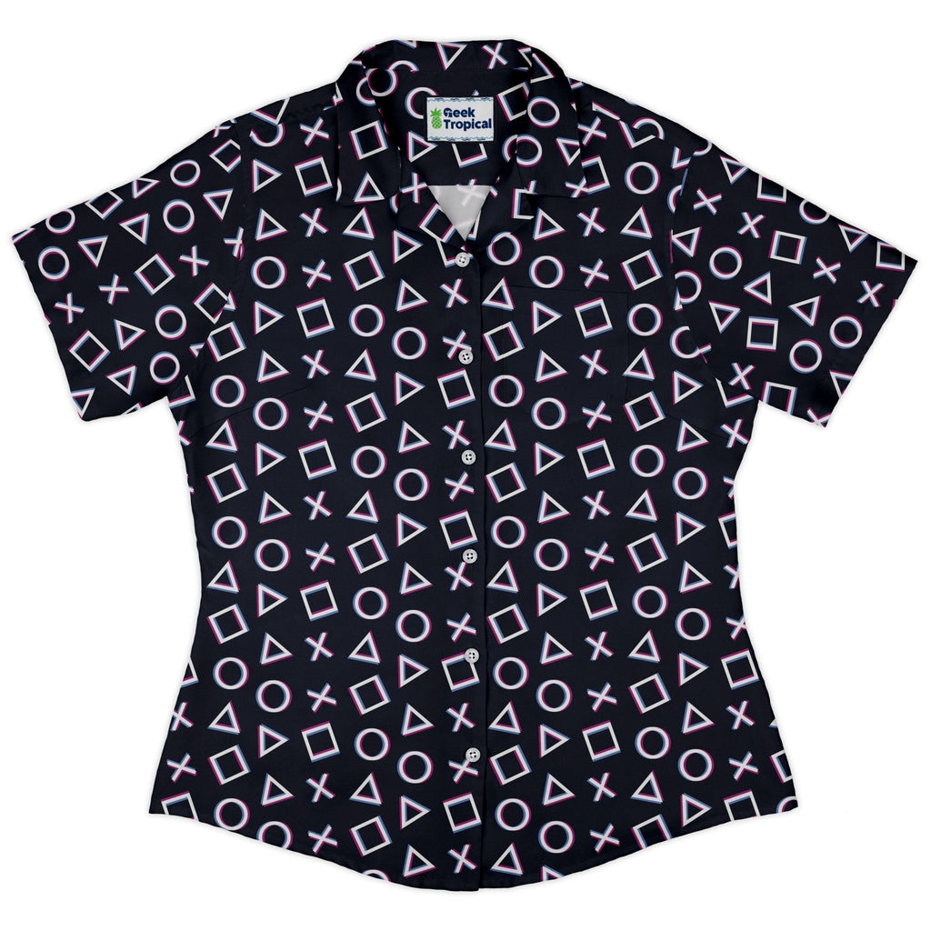 Controller Gamepad Buttons Gray Video Game Curvy Button Up Shirt Geek Nerd Simple Patterns video game arcade print women