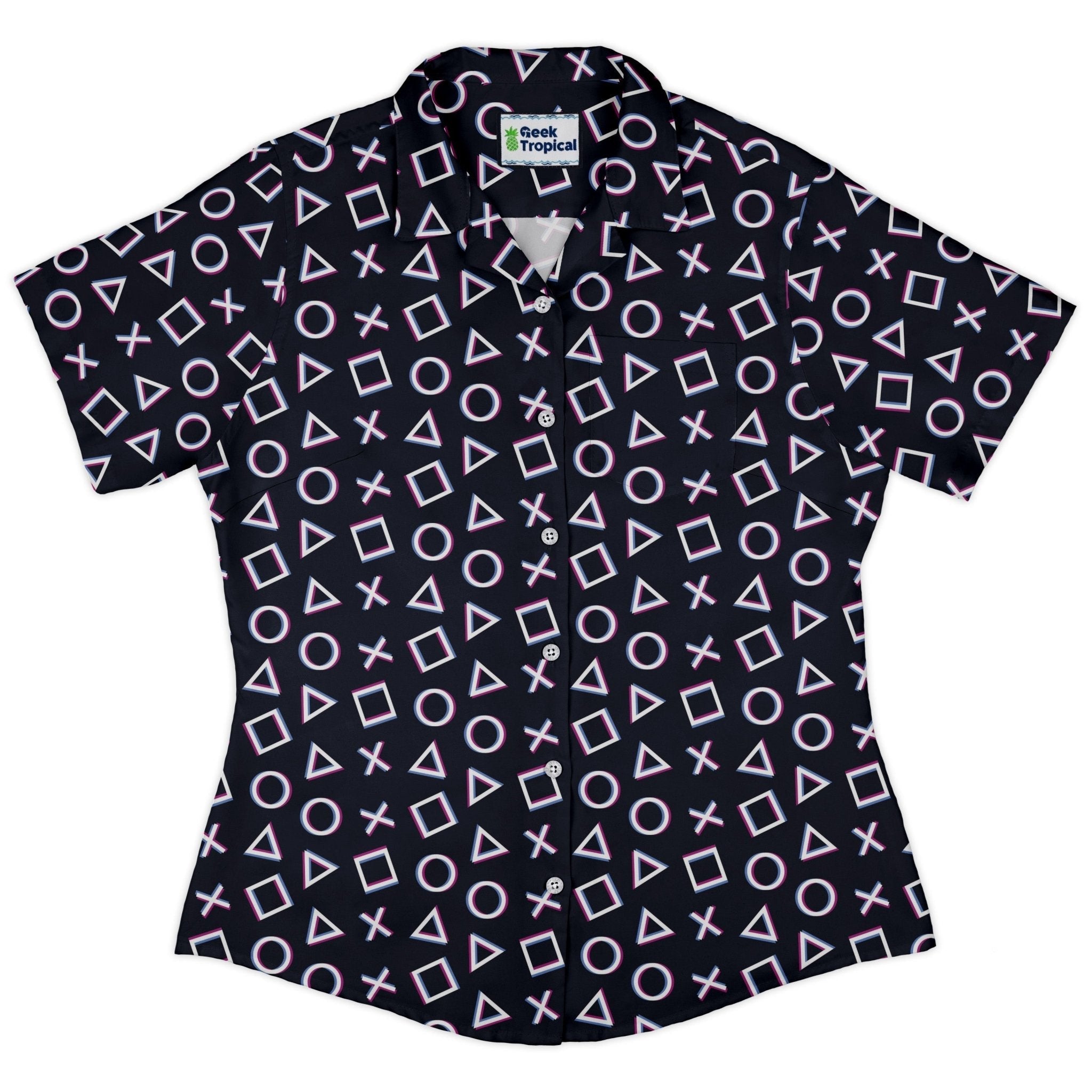 Controller Gamepad Buttons Gray Video Game Curvy Button Up Shirt Geek Nerd Simple Patterns video game arcade print women