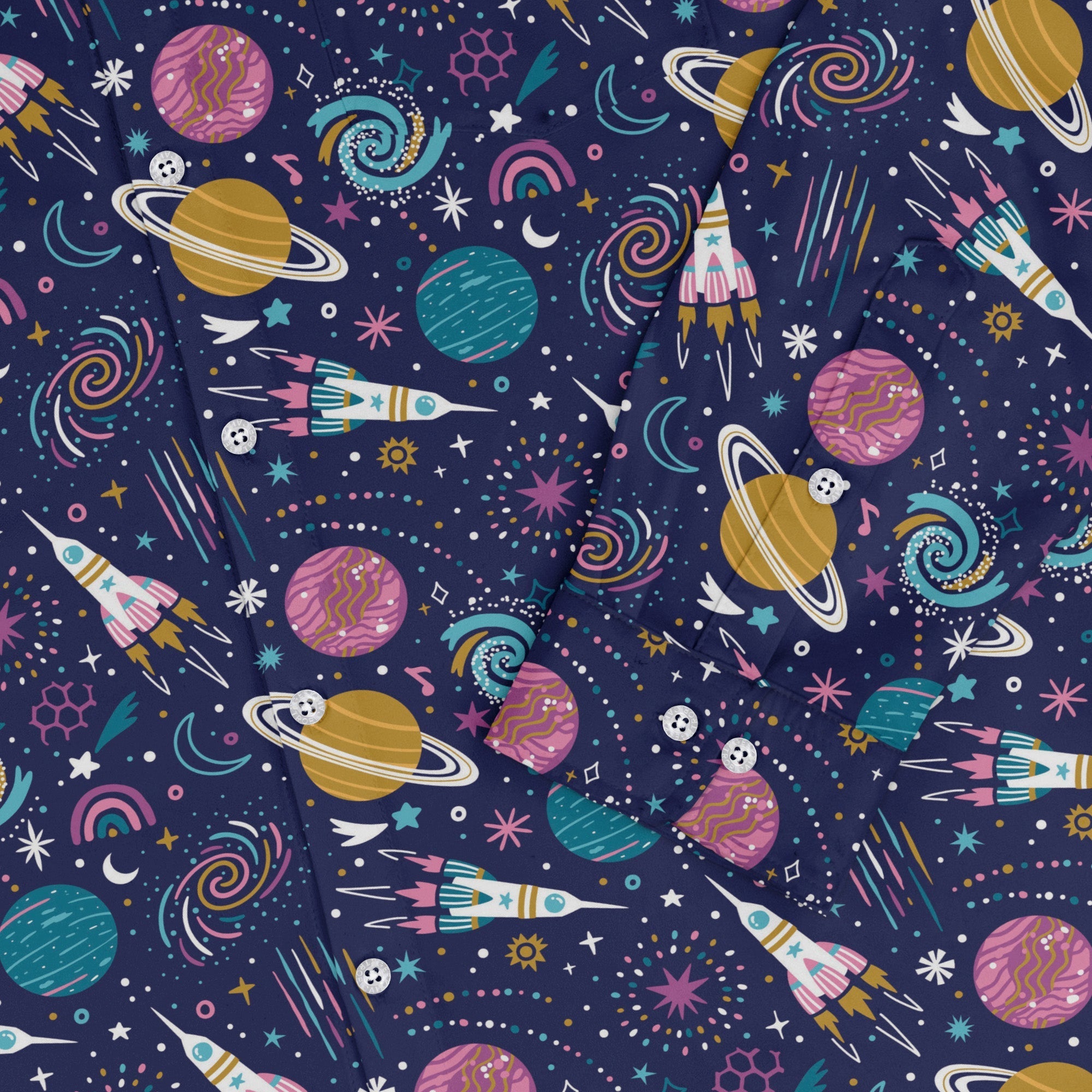 Cosmic Cute Outer Space Long Sleeve Button Up Shirt Geek Nerd adult sizing FLOW DESC WRITING Maximalist Patterns